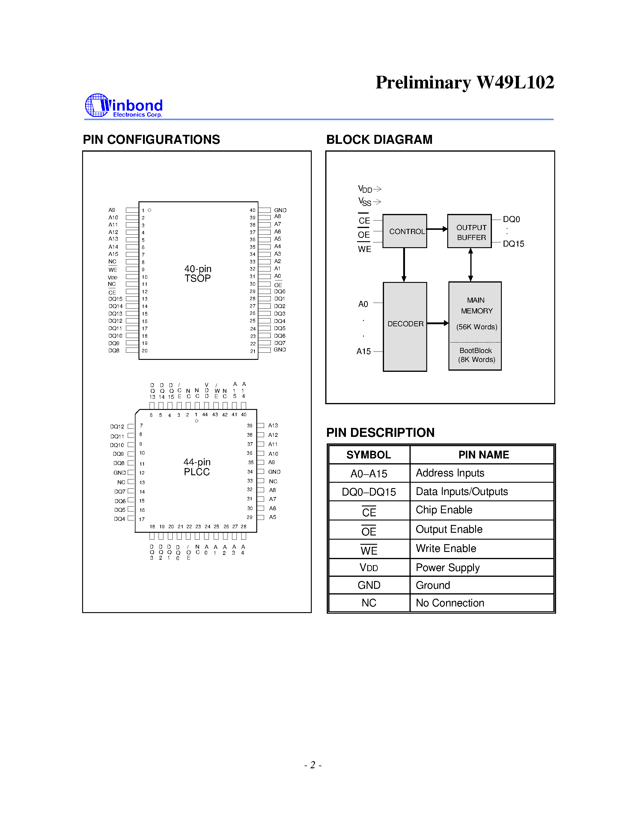 Datasheet W49L102P-55B - 64K X 16 CMOS 3.3V FLASH MEMORY page 2