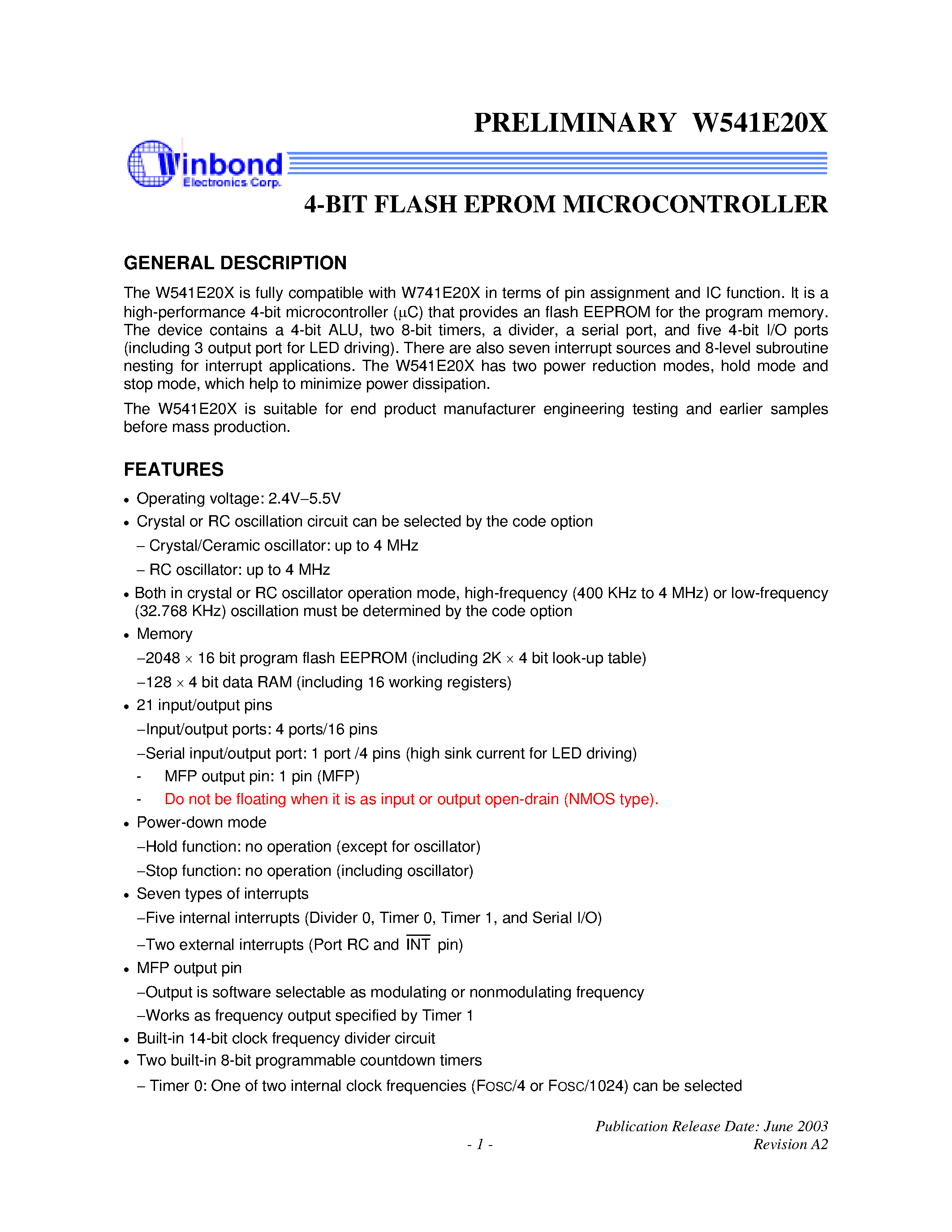 Datasheet W541E201 - 4 BIT FLASH EPROM MICROCONTROLLER page 1