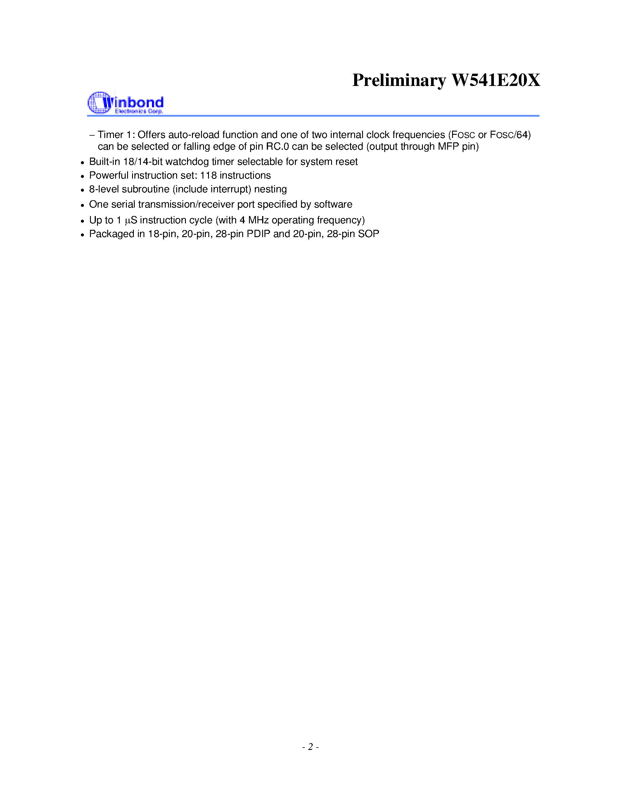Datasheet W541E204 - 4 BIT FLASH EPROM MICROCONTROLLER page 2