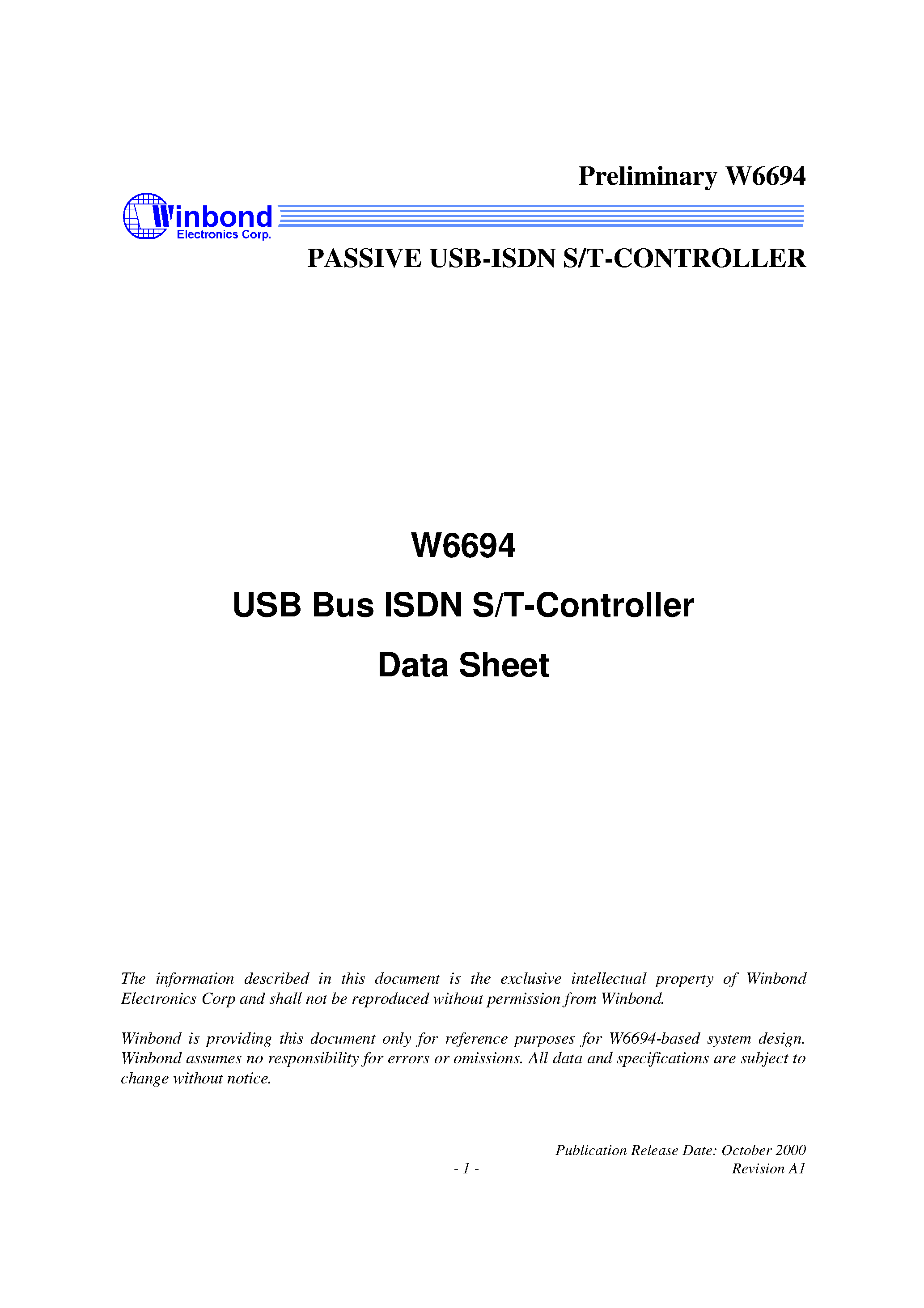 Datasheet W6694 - USB Bus ISDN S/T-Controller page 1