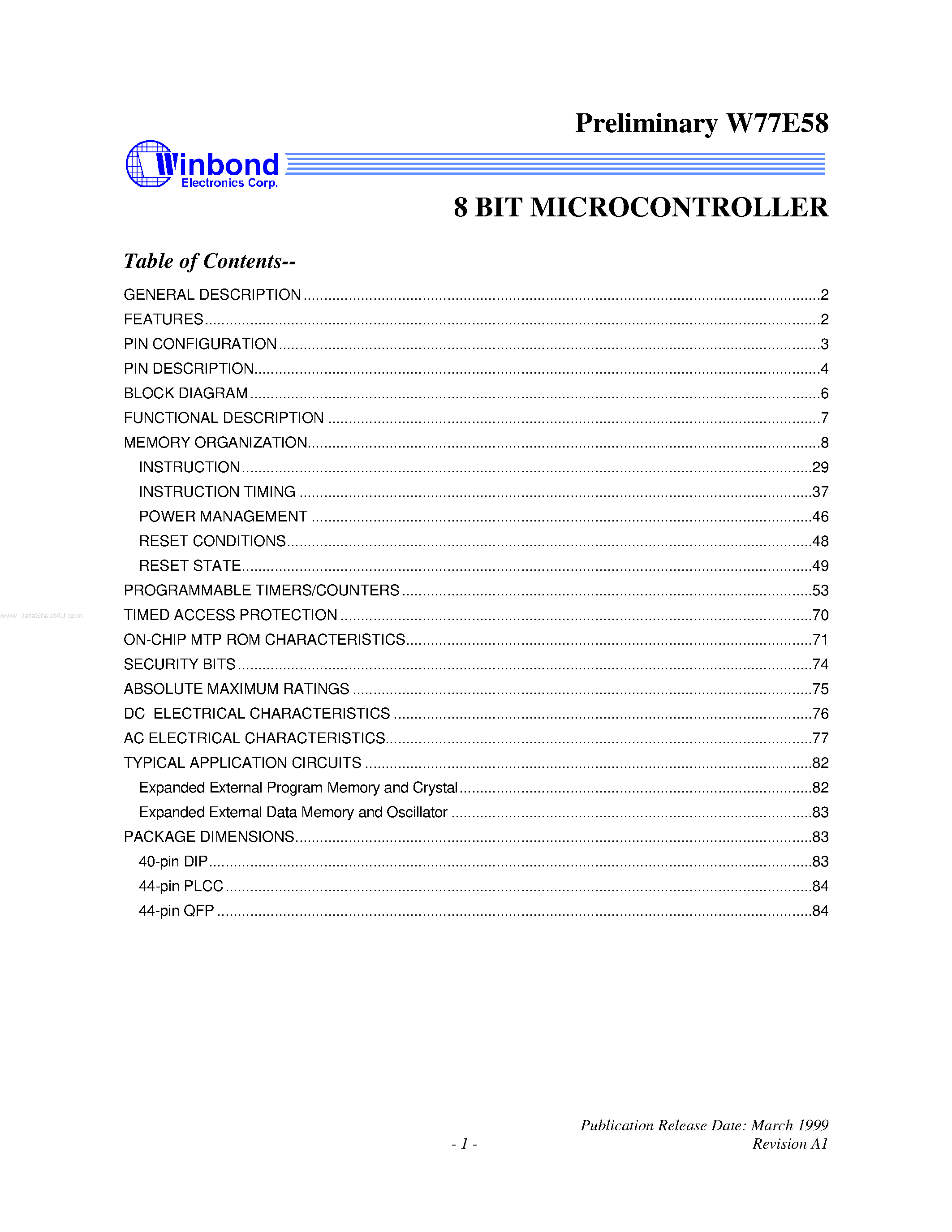 Datasheet W77E58 - 8 BIT MICROCONTROLLER page 1