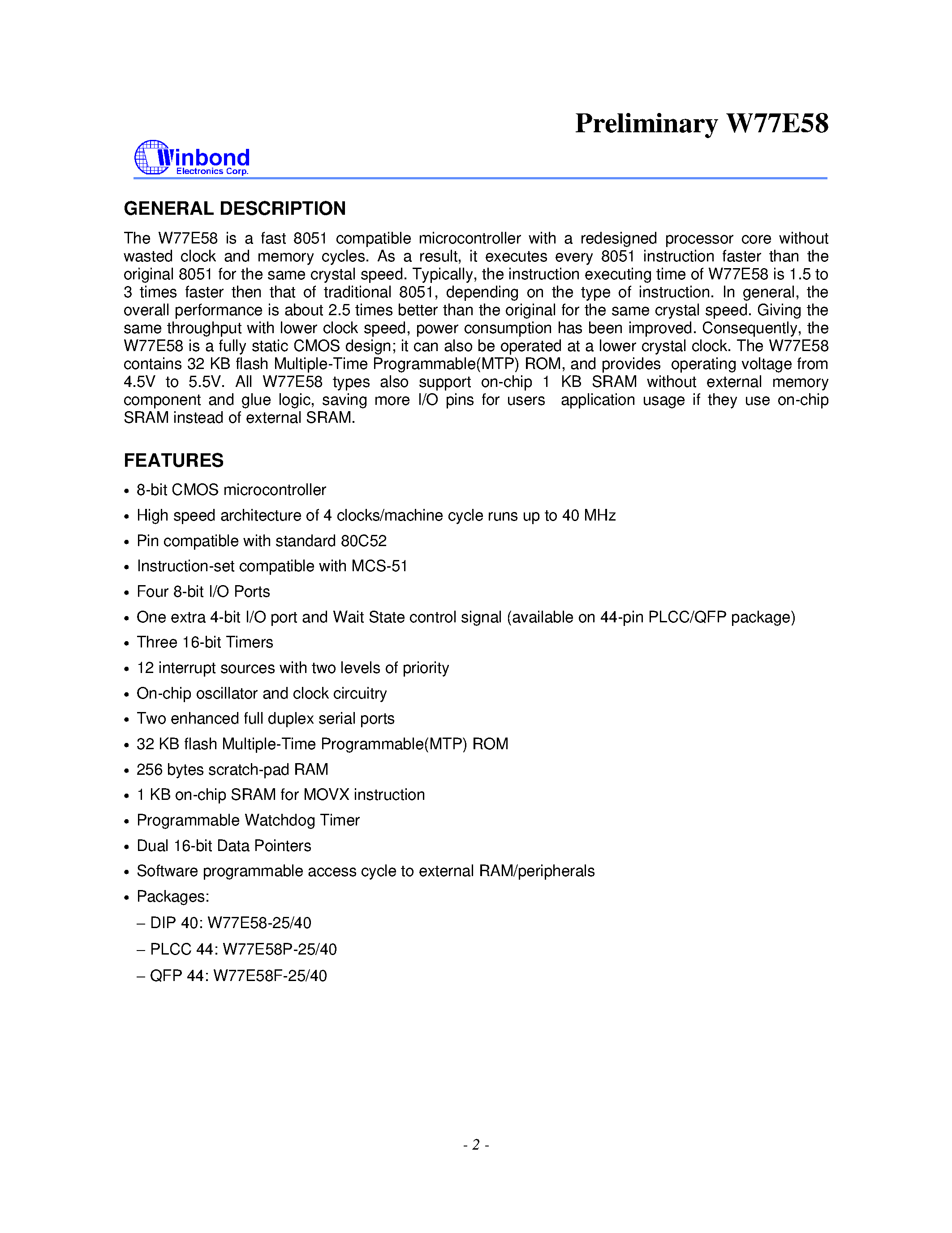 Datasheet W77E58 - 8 BIT MICROCONTROLLER page 2