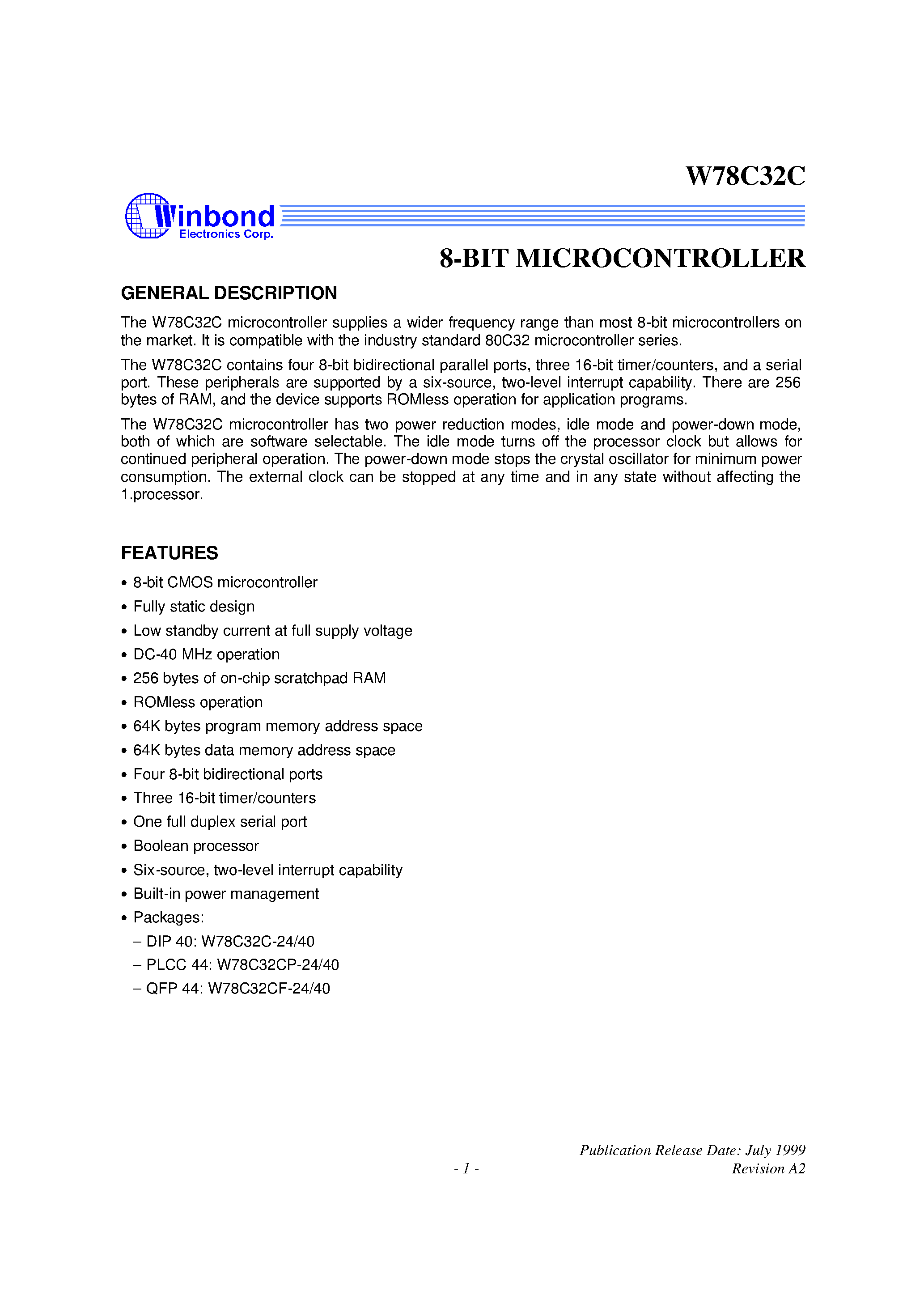 Datasheet W78C32C-24 page 1 Datasheet W78C32C-24 - 8-BIT MICROCONTROLLER page 1