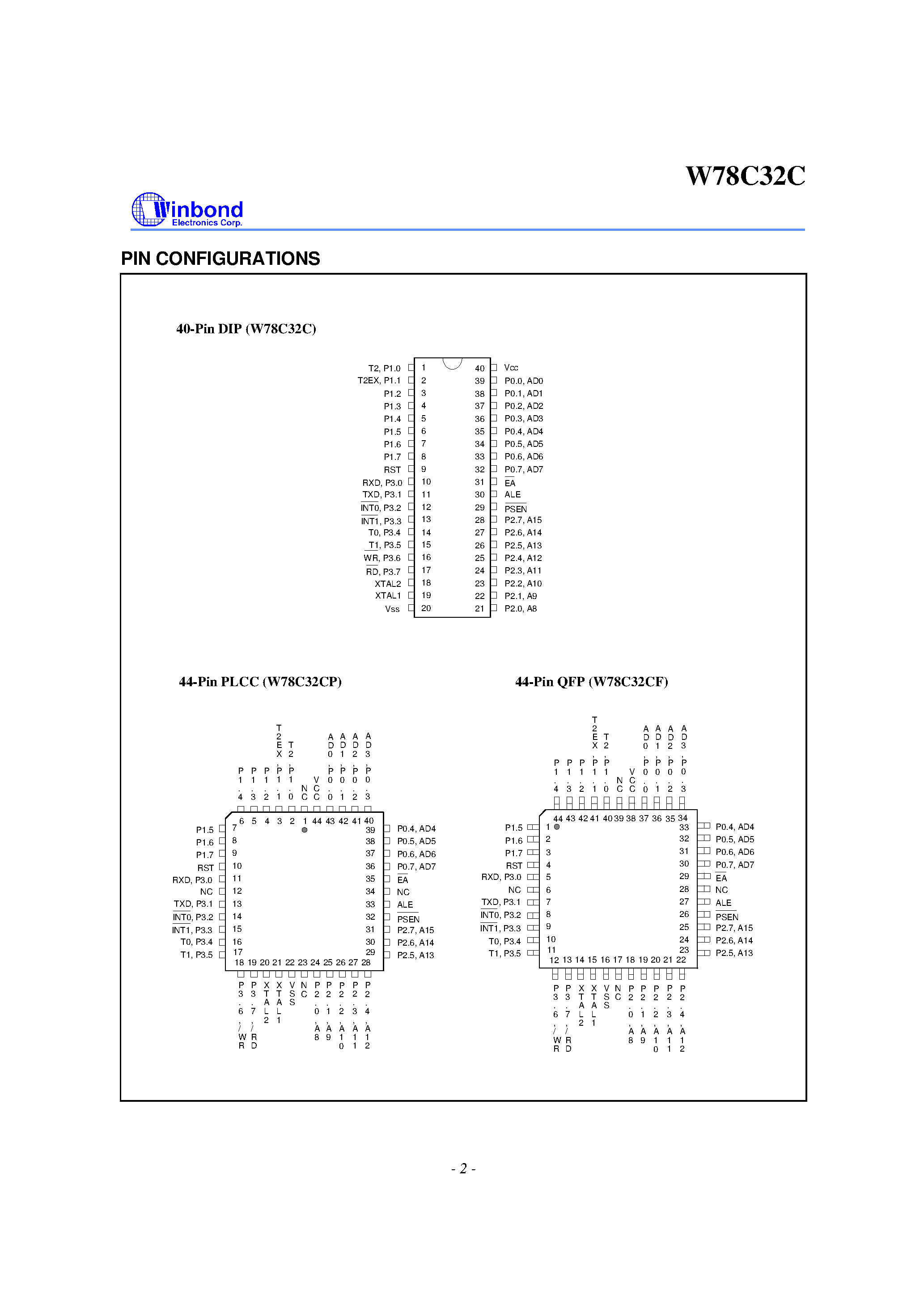 Datasheet W78C32CP-40 page 2 Datasheet W78C32CP-40 - 8-BIT MICROCONTROLLER page 2