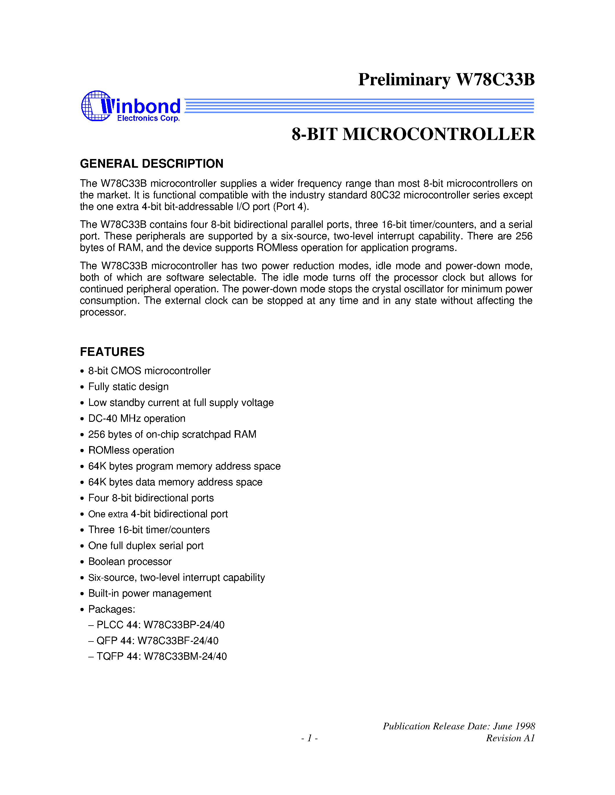 Datasheet W78C33BM-24 page 1 Datasheet W78C33BM-24 - 8-BIT MICROCONTROLLER page 1