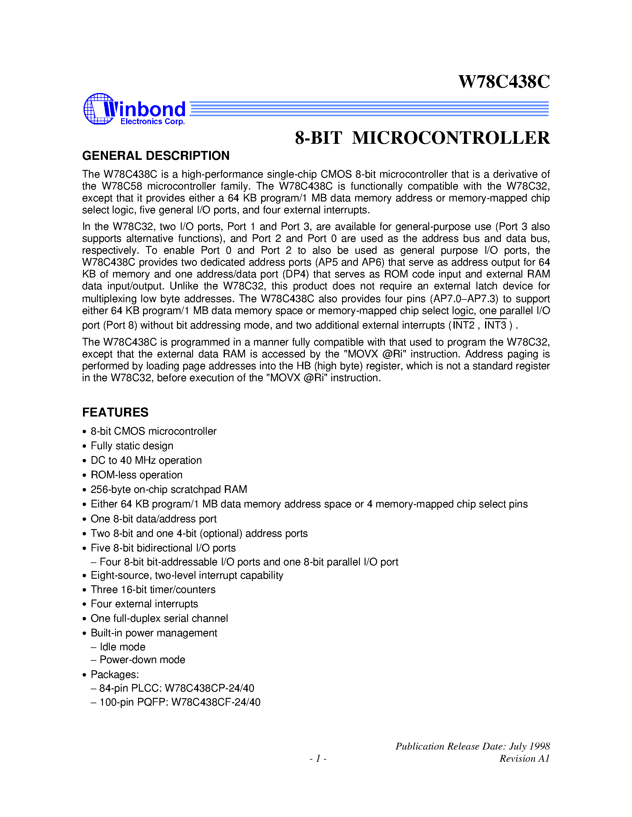 Datasheet W78C438CF-24 page 1 Datasheet W78C438CF-24 - 8-BIT MICROCONTROLLER page 1