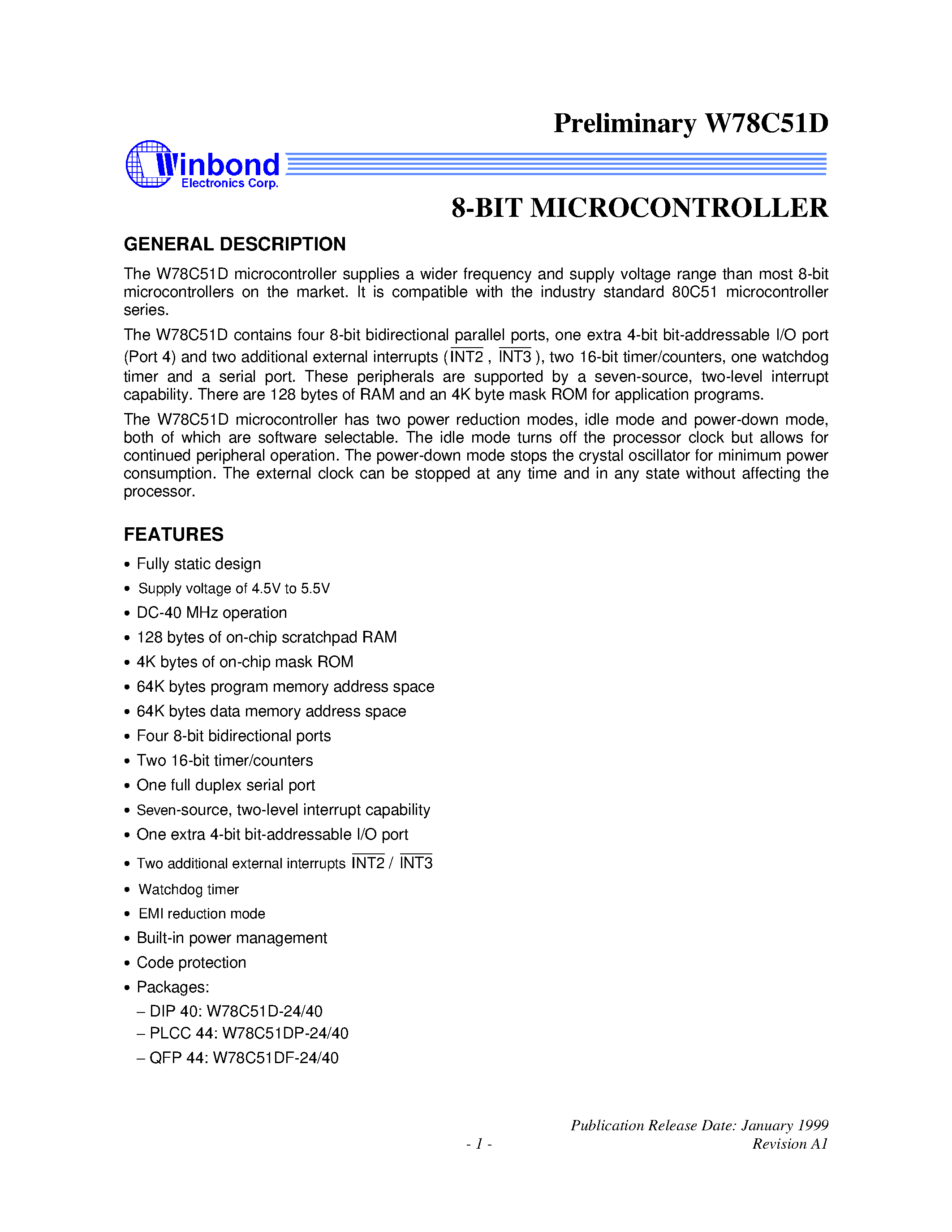 Datasheet W78C51DP-40 page 1 Datasheet W78C51DP-40 - 8-BIT MICROCONTROLLER page 1