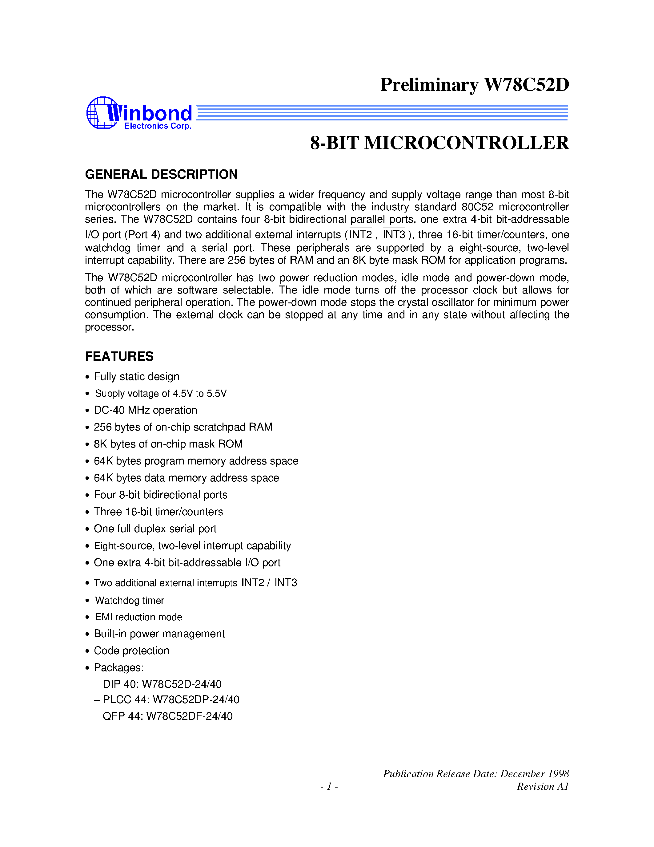 Datasheet W78C52D-40 page 1 Datasheet W78C52D-40 - 8-BIT MICROCONTROLLER page 1