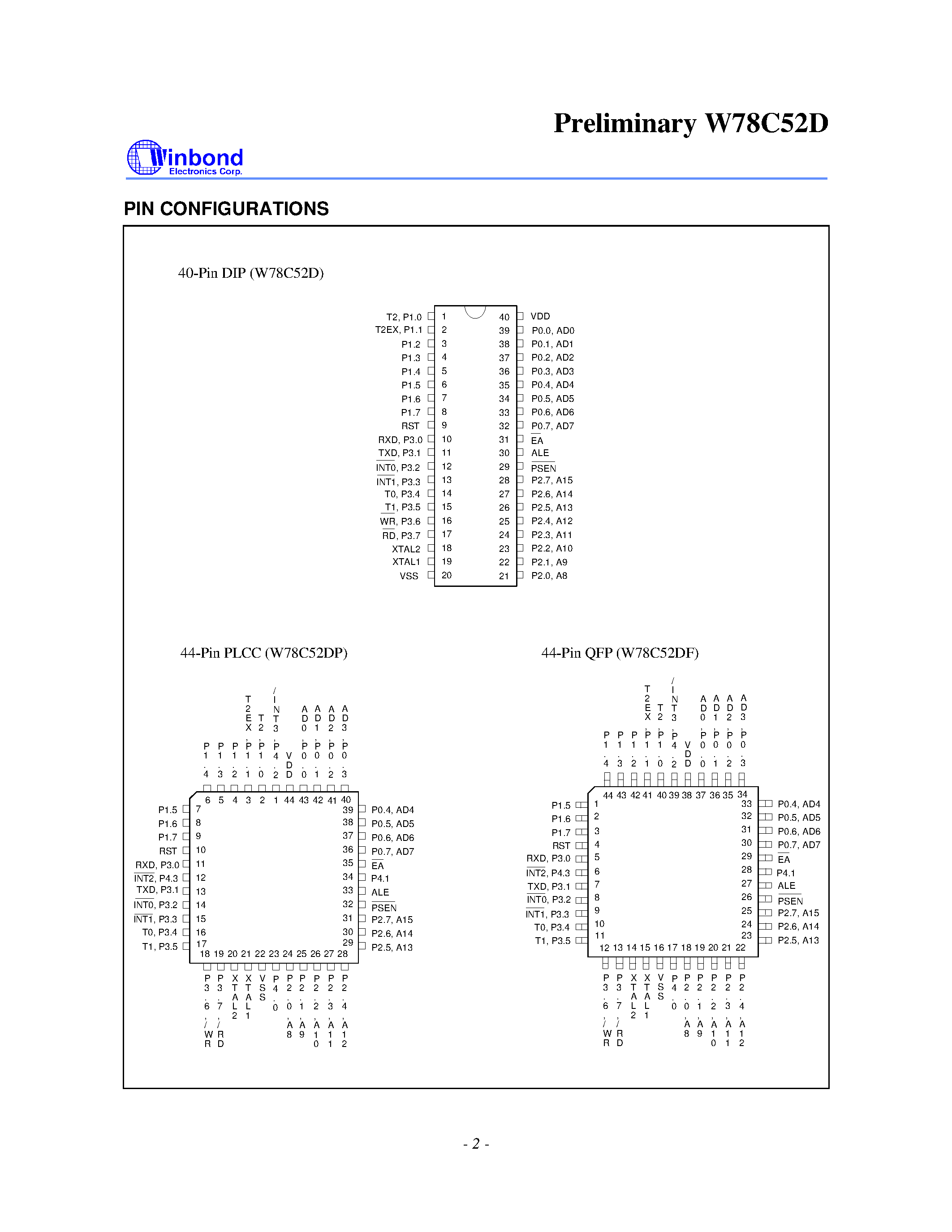 Datasheet W78C52DP-40 page 2 Datasheet W78C52DP-40 - 8-BIT MICROCONTROLLER page 2