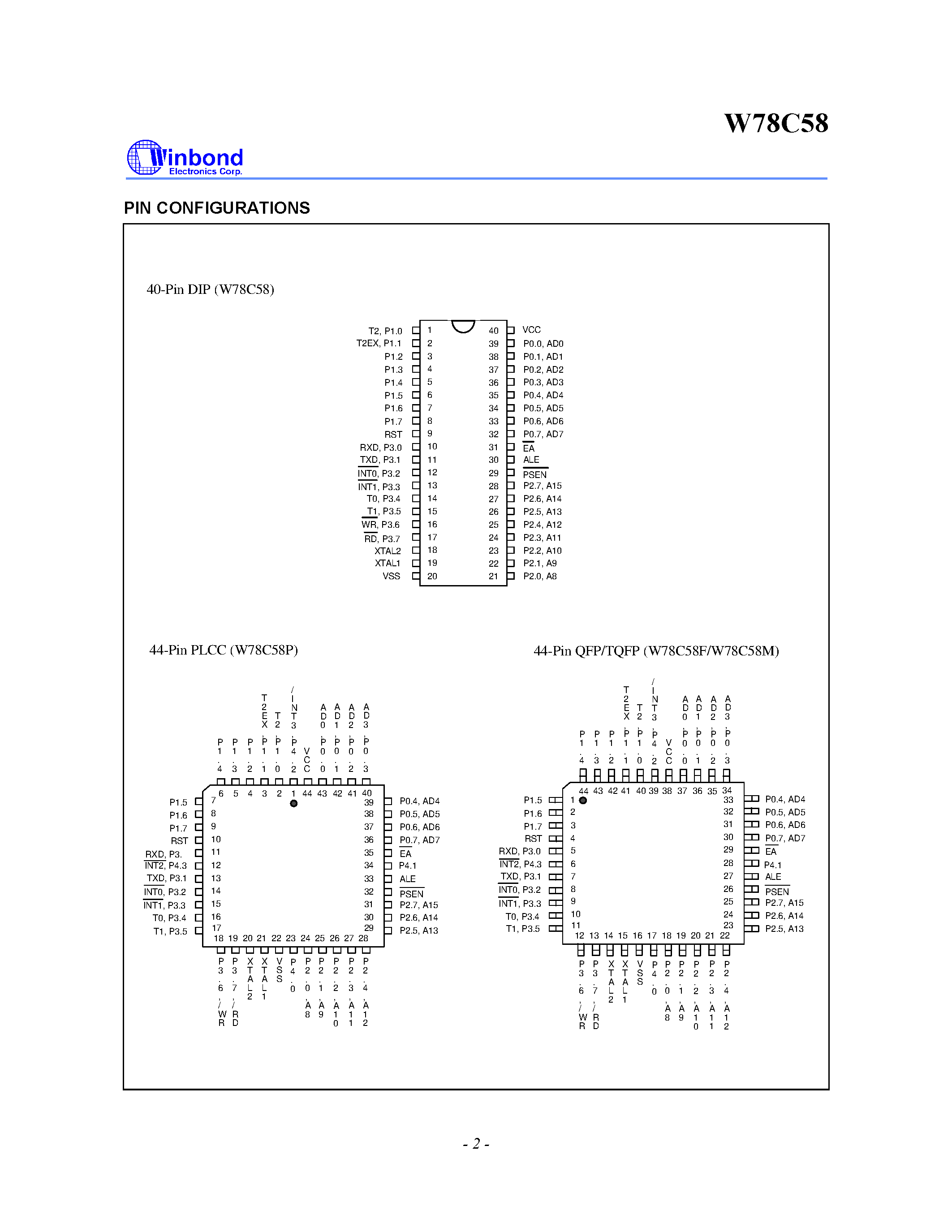 Datasheet W78C58F-24 page 2 Datasheet W78C58F-24 - 8-BIT MICROCONTROLLER page 2