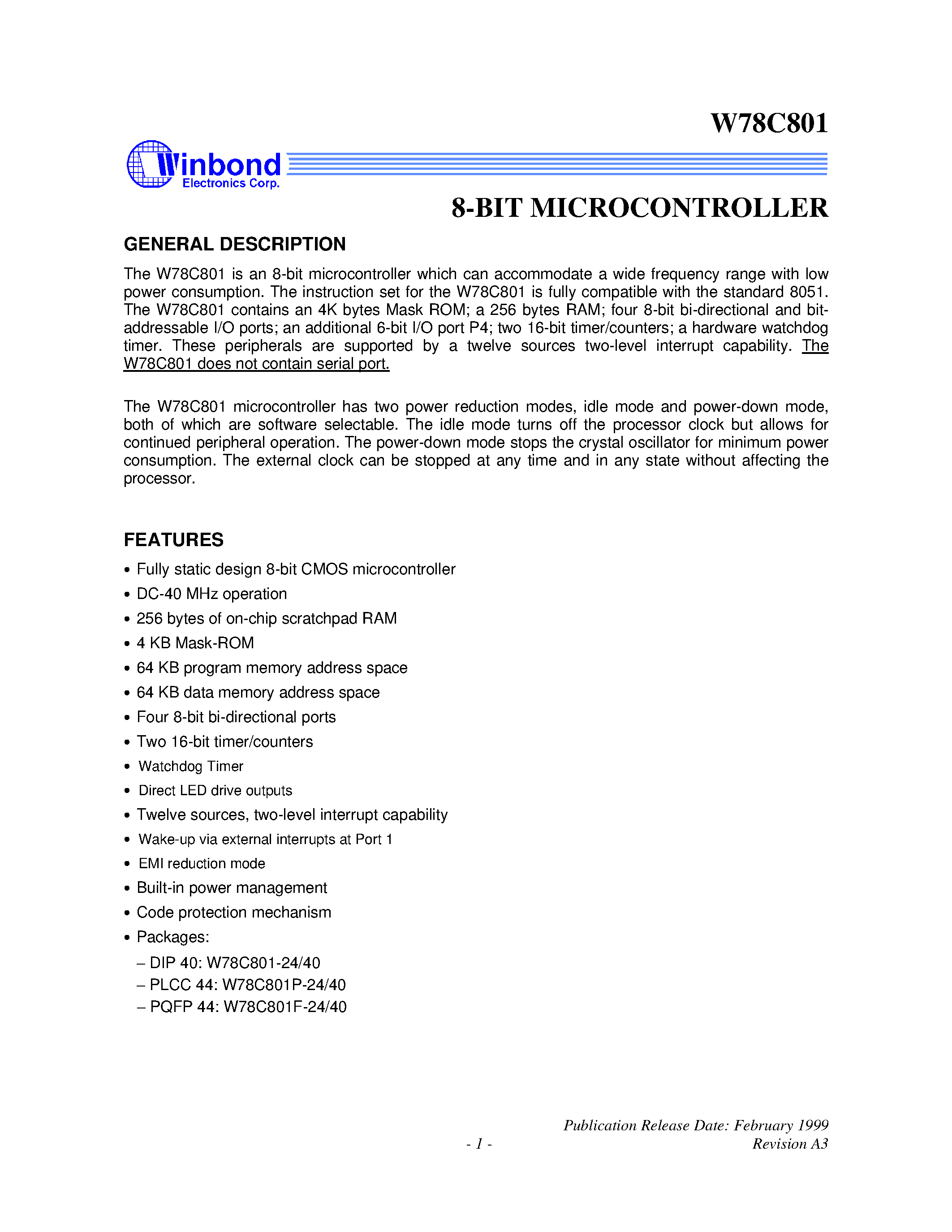Datasheet W78C801F-24 page 1 Datasheet W78C801F-24 - 8-BIT MICROCONTROLLER page 1