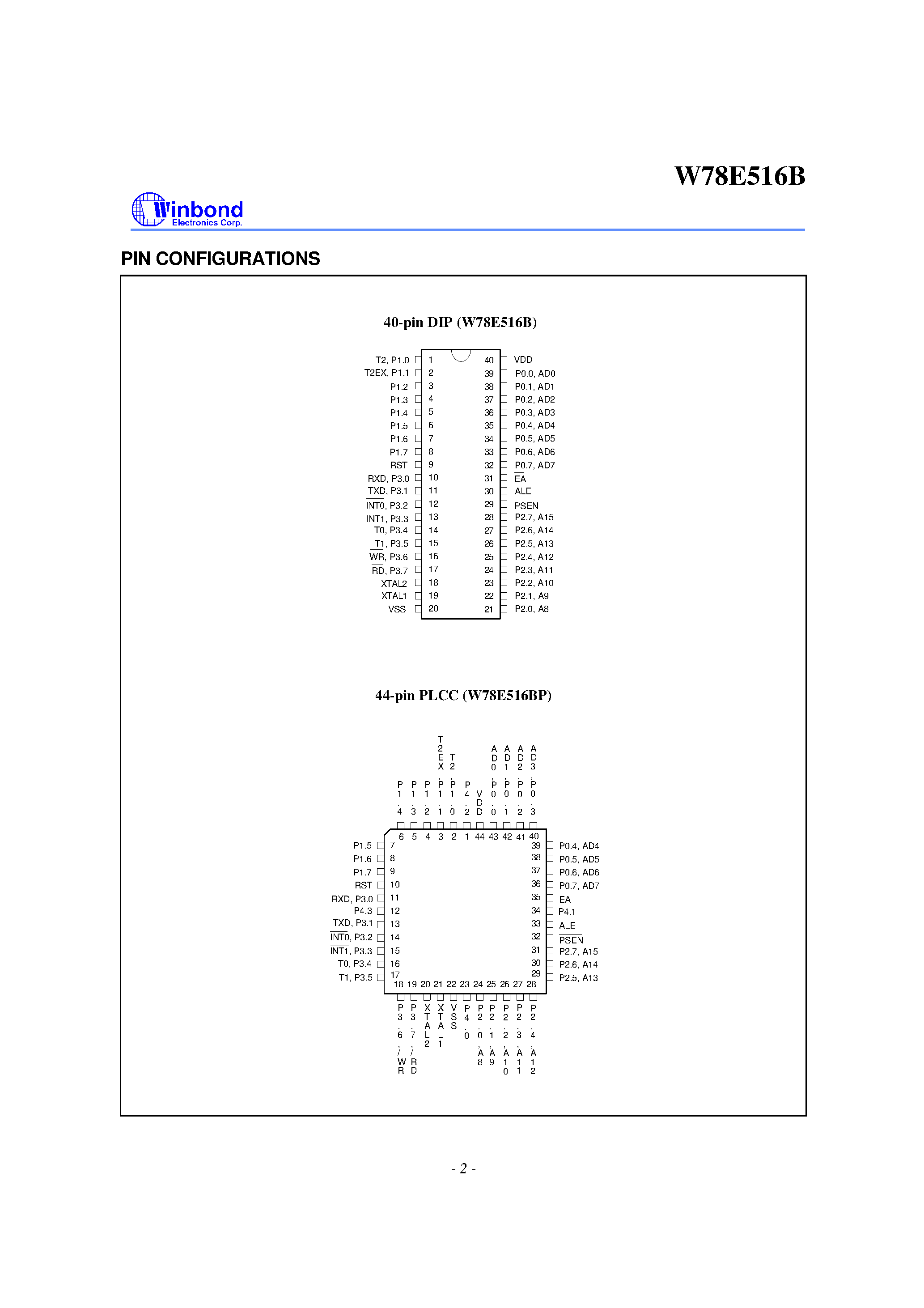 Datasheet W78E516 page 2 Datasheet W78E516 - 8-BIT MICROCONTROLLER page 2