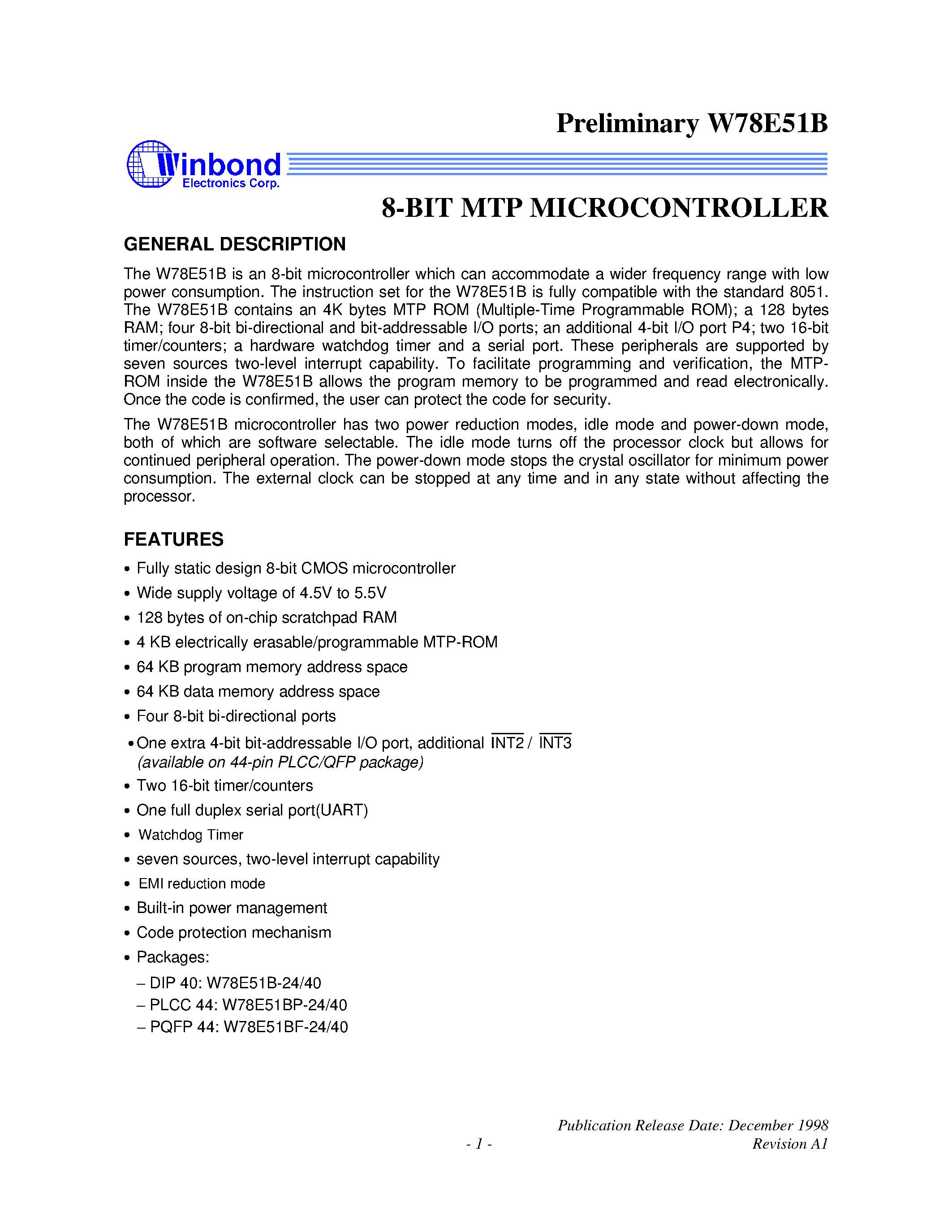 Datasheet W78E51B-24 page 1 Datasheet W78E51B-24 - 8-BIT MTP MICROCONTROLLER page 1