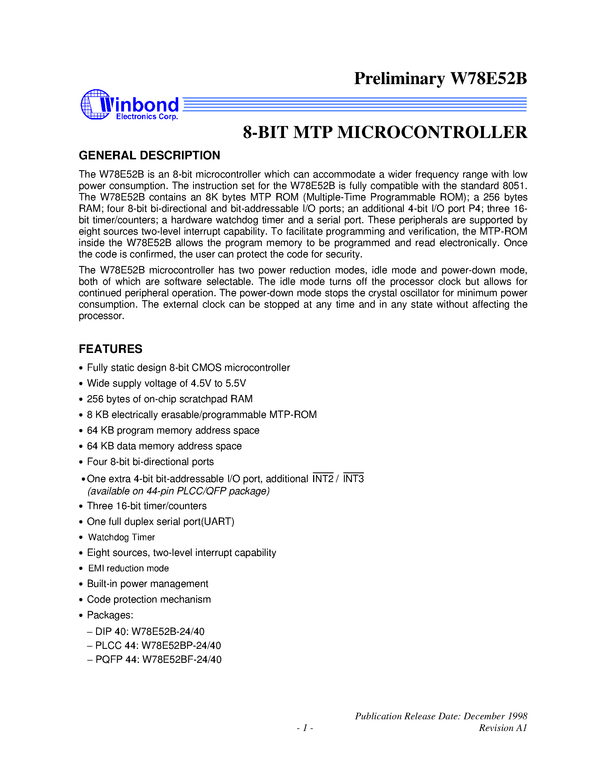 Даташит на микросхему W78E52BF-40 страница 1 Даташит W78E52BF-40 - 8-BIT MTP MICROCONTROLLER страница 1