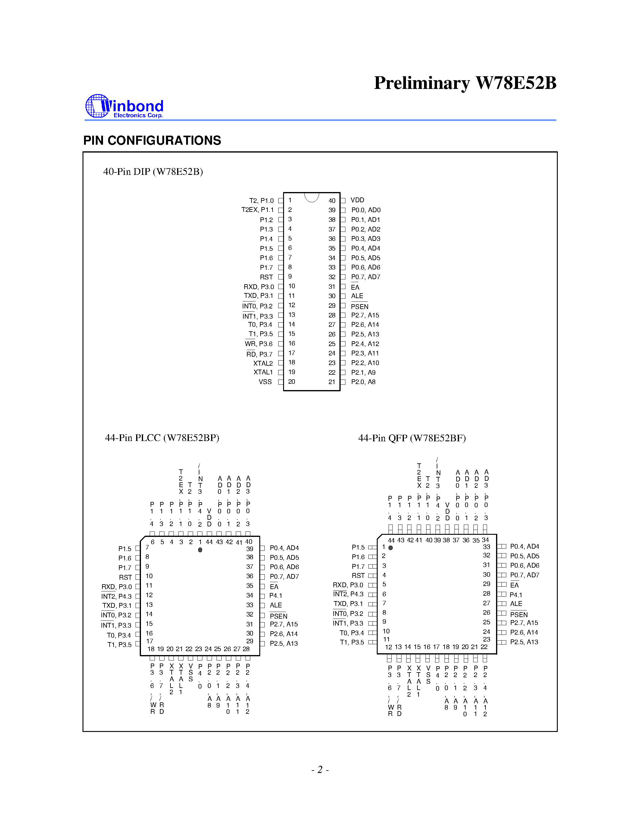 Даташит на микросхему W78E52BF-40 страница 2 Даташит W78E52BF-40 - 8-BIT MTP MICROCONTROLLER страница 2