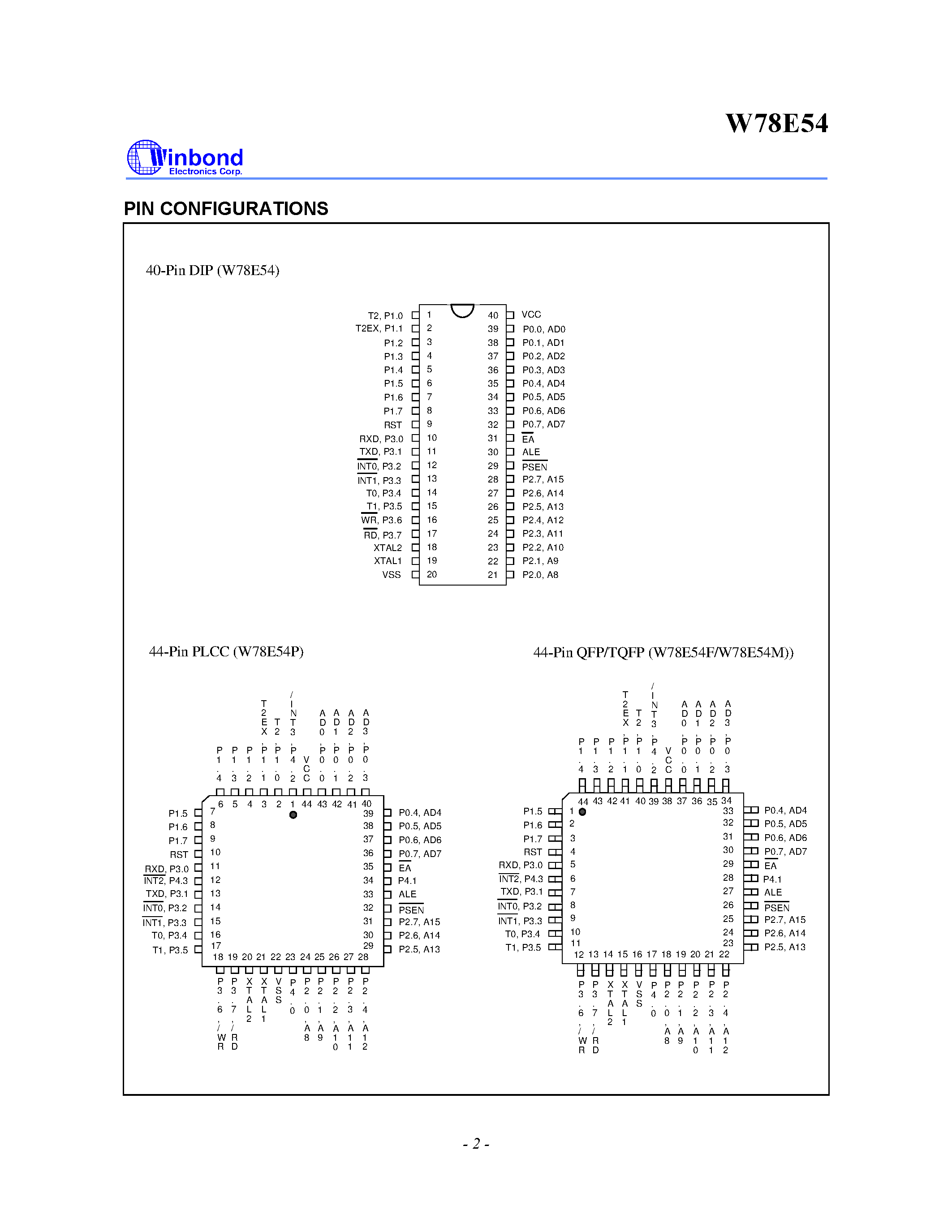 Даташит на микросхему W78E54P-40 страница 2 Даташит W78E54P-40 - 8-BIT MICROCONTROLLER страница 2