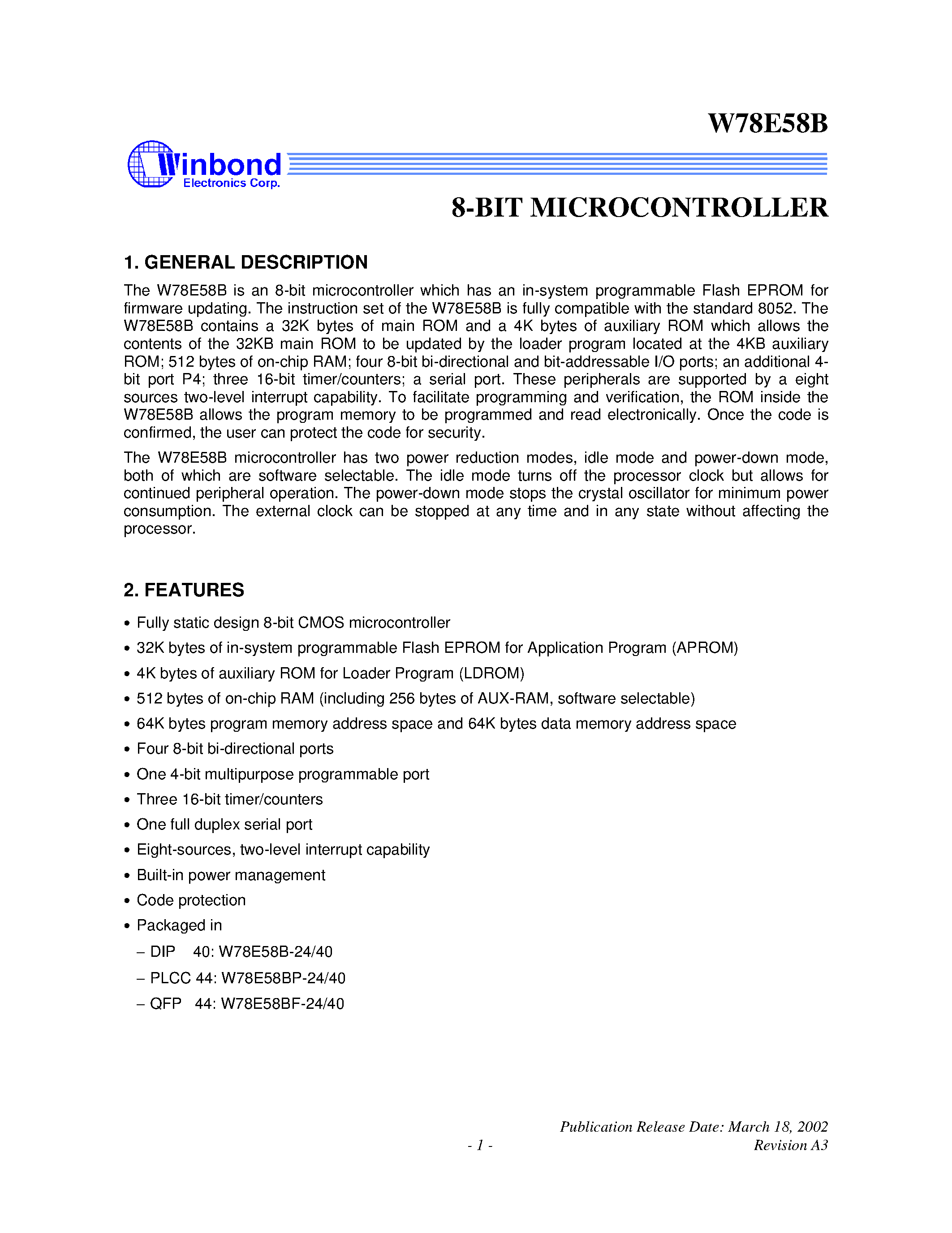 Datasheet W78E58BF page 1 Datasheet W78E58BF - 8 BIT MICROCONTROLLER page 1