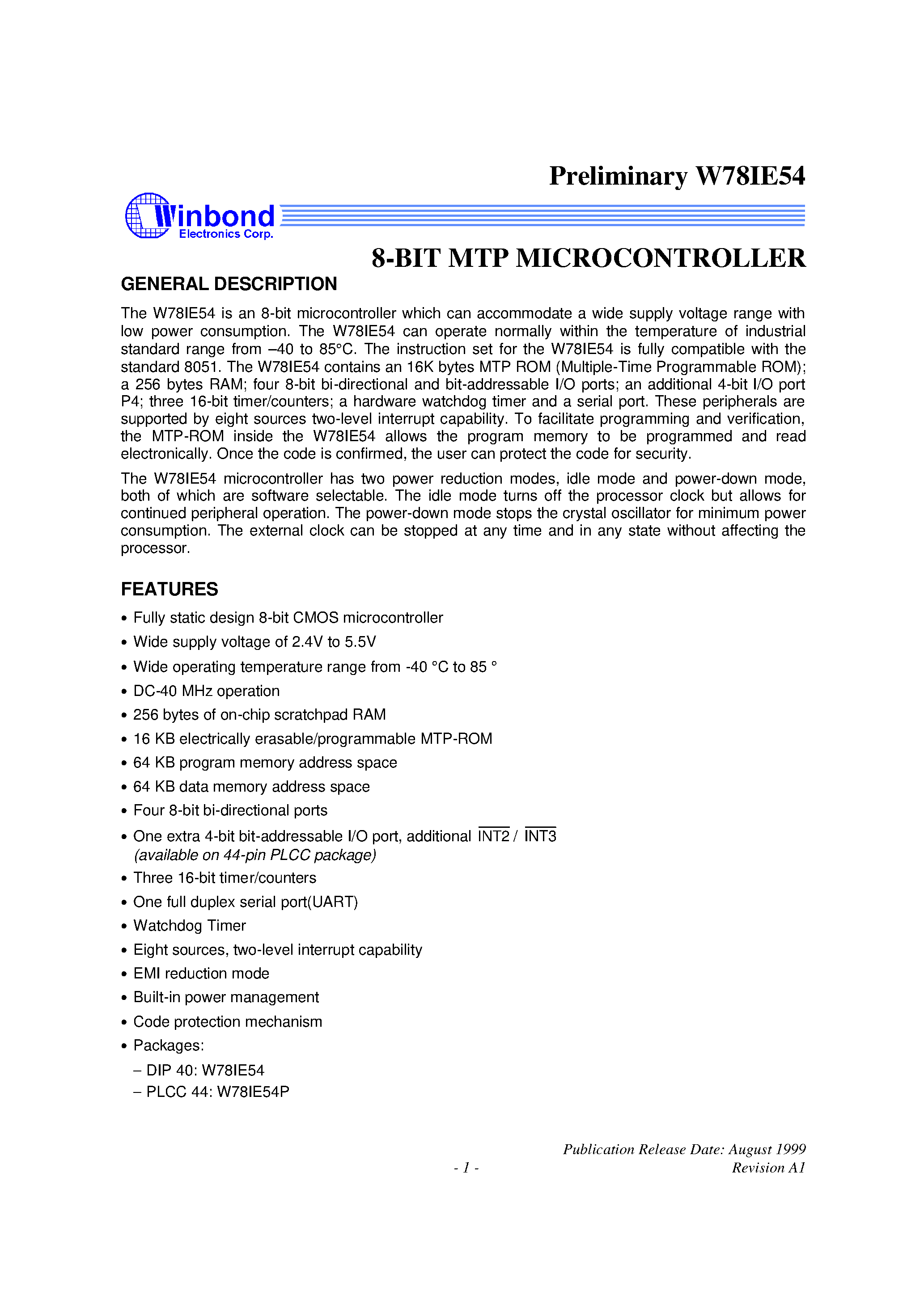Datasheet W78IE54P page 1 Datasheet W78IE54P - 8-BIT MTP MICROCONTROLLER page 1