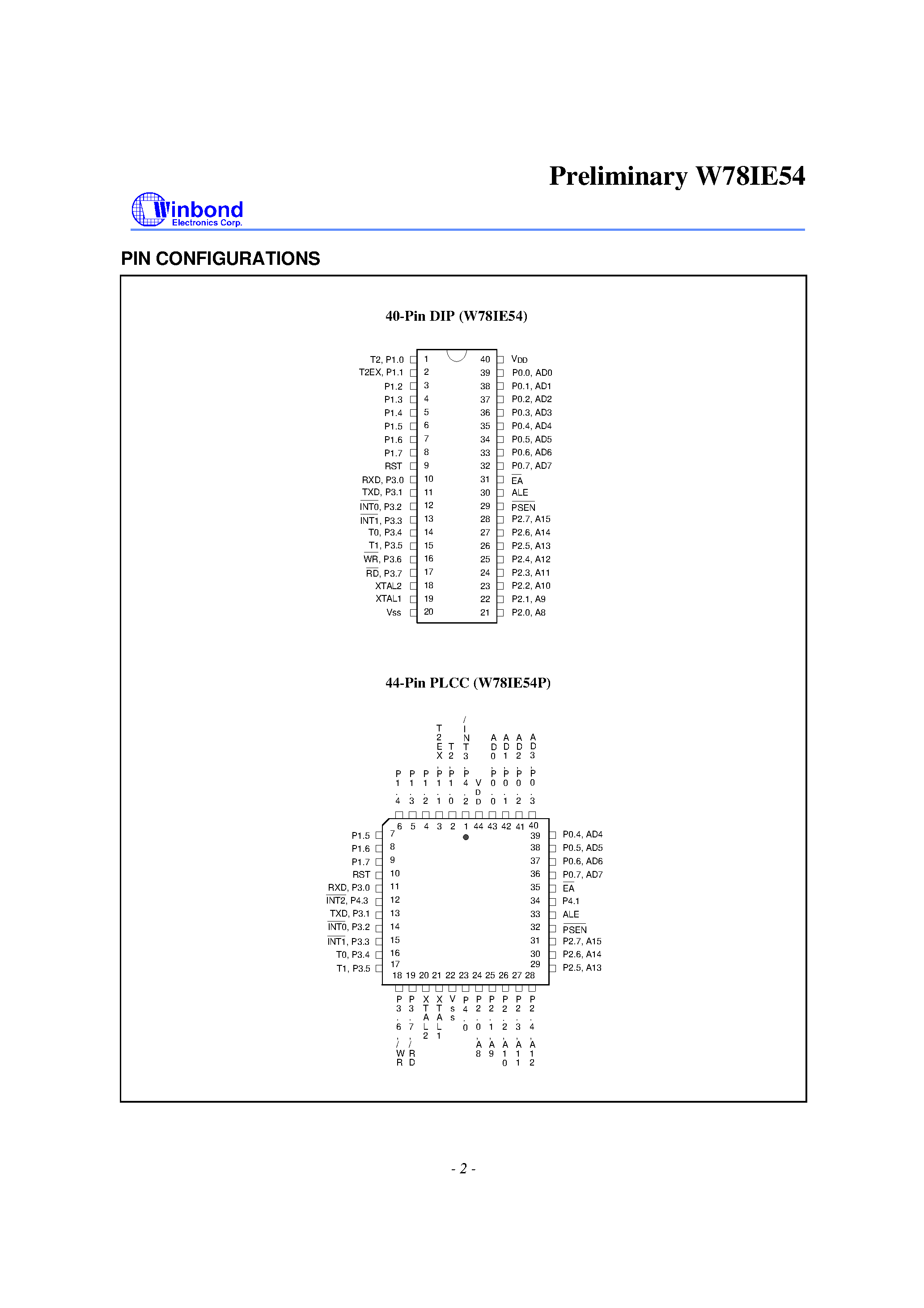 Datasheet W78IE54P page 2 Datasheet W78IE54P - 8-BIT MTP MICROCONTROLLER page 2