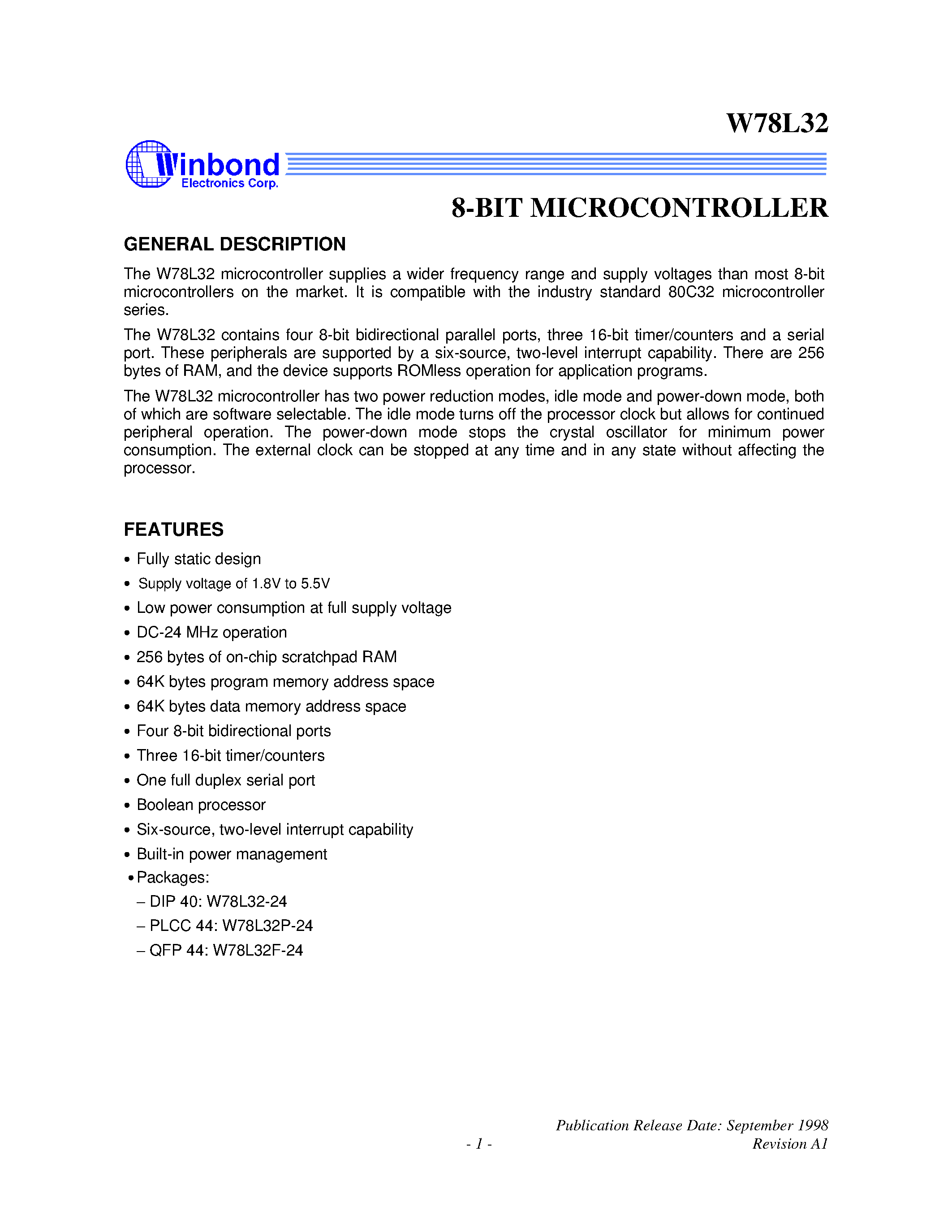 Даташит W78L32P-24 - 8-BIT MICROCONTROLLER страница 1