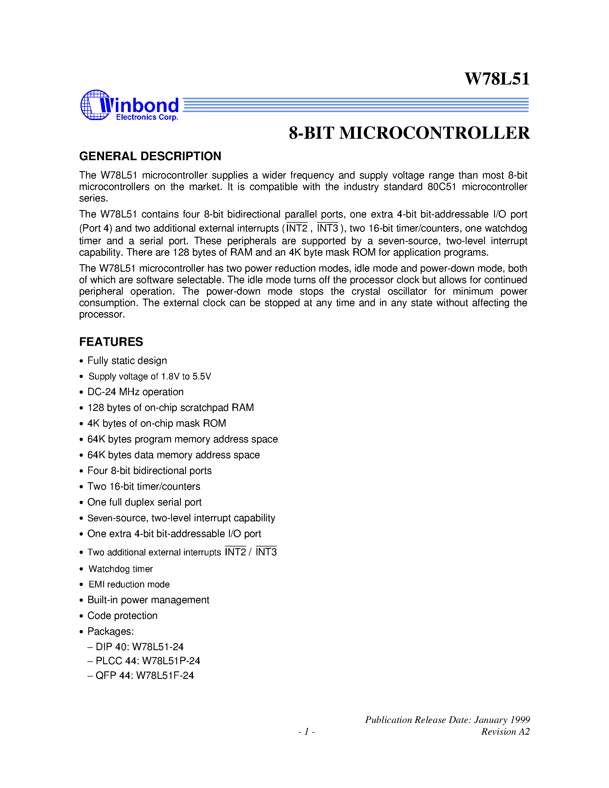 Даташит на микросхему W78L51 страница 1 Даташит W78L51 - 8-BIT MICROCONTROLLER страница 1