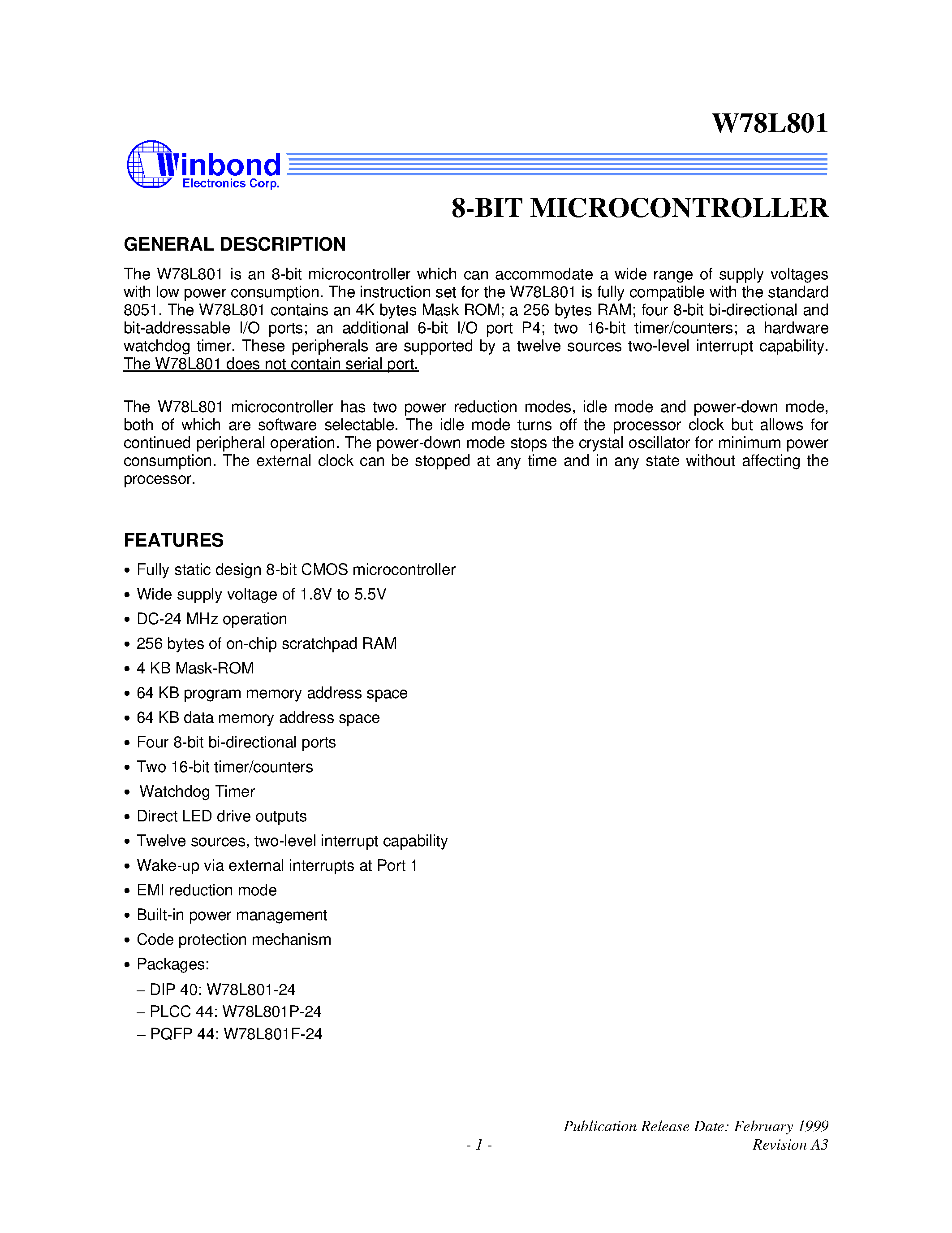 Даташит на микросхему W78L801-24 страница 1 Даташит W78L801-24 - 8-BIT MICROCONTROLLER страница 1