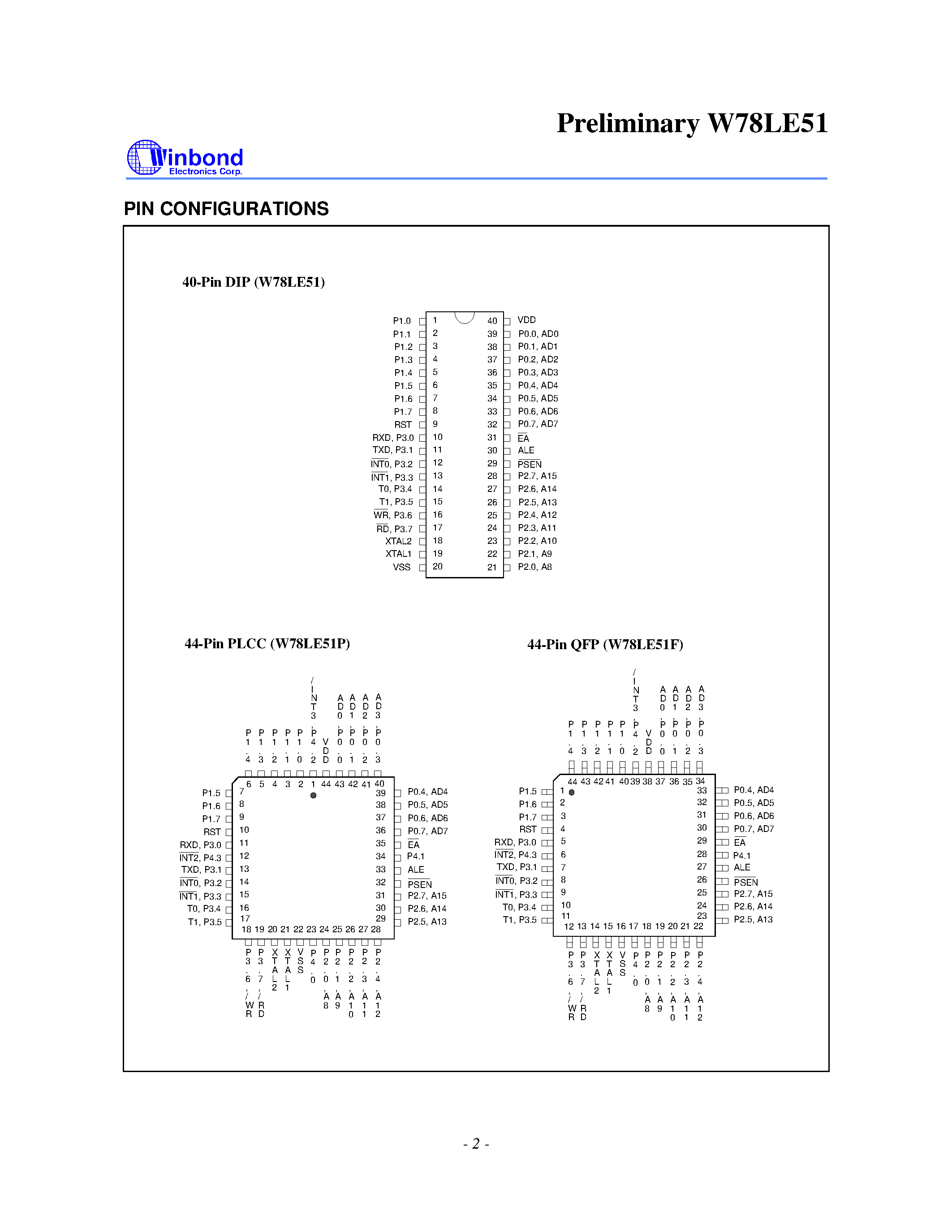 Даташит на микросхему W78LE51 страница 2 Даташит W78LE51 - 8-BIT MTP MICROCONTROLLER страница 2