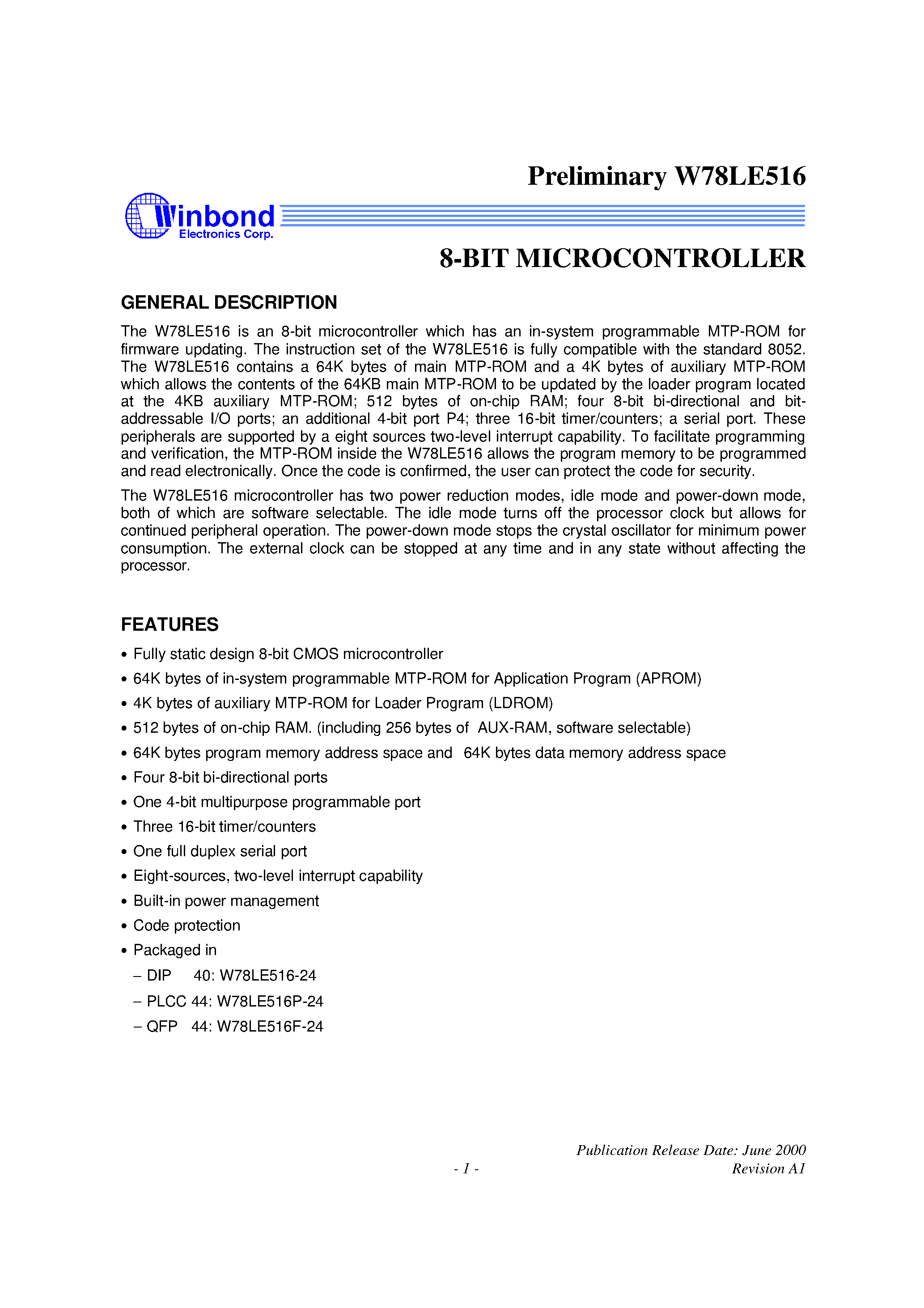 Даташит W78LE516P-24 - 8-BIT MICROCONTROLLER страница 1