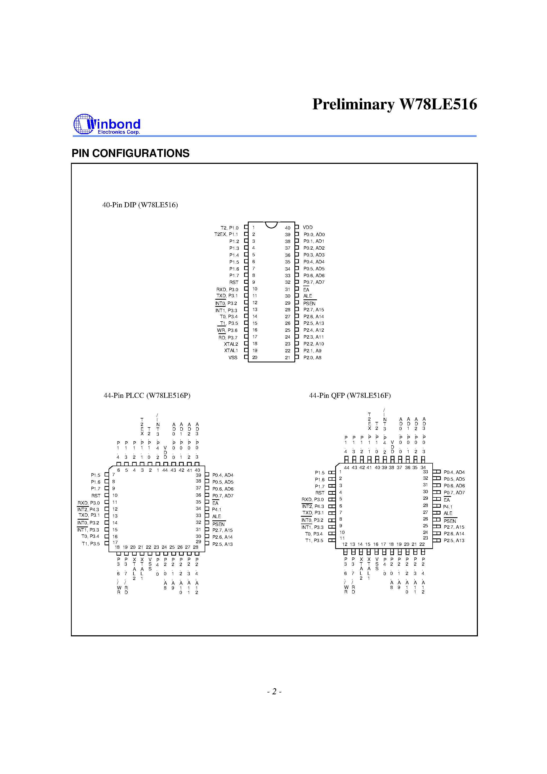 Даташит W78LE516P-24 - 8-BIT MICROCONTROLLER страница 2