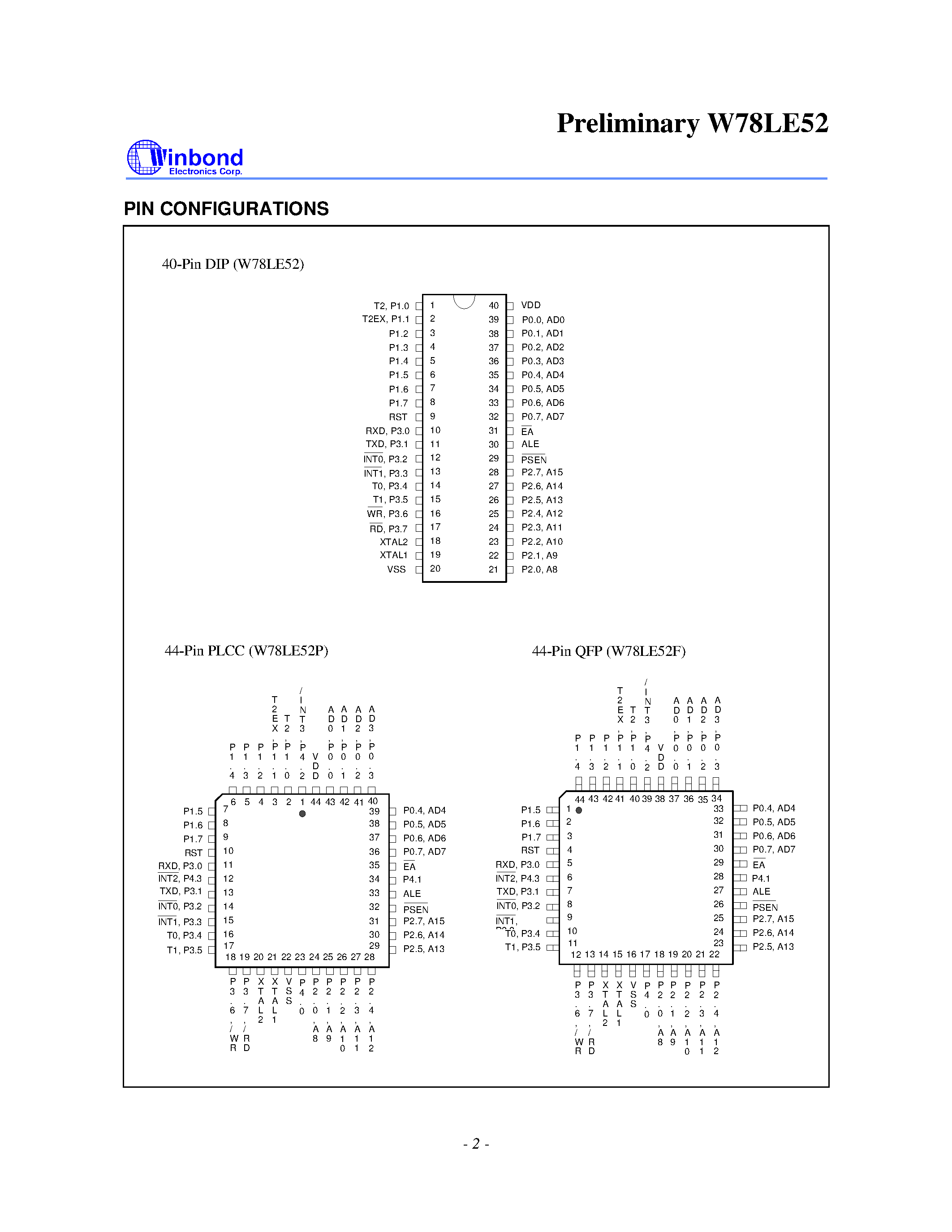 Даташит на микросхему W78LE52-24 страница 2 Даташит W78LE52-24 - 8-BIT MTP MICROCONTROLLER страница 2