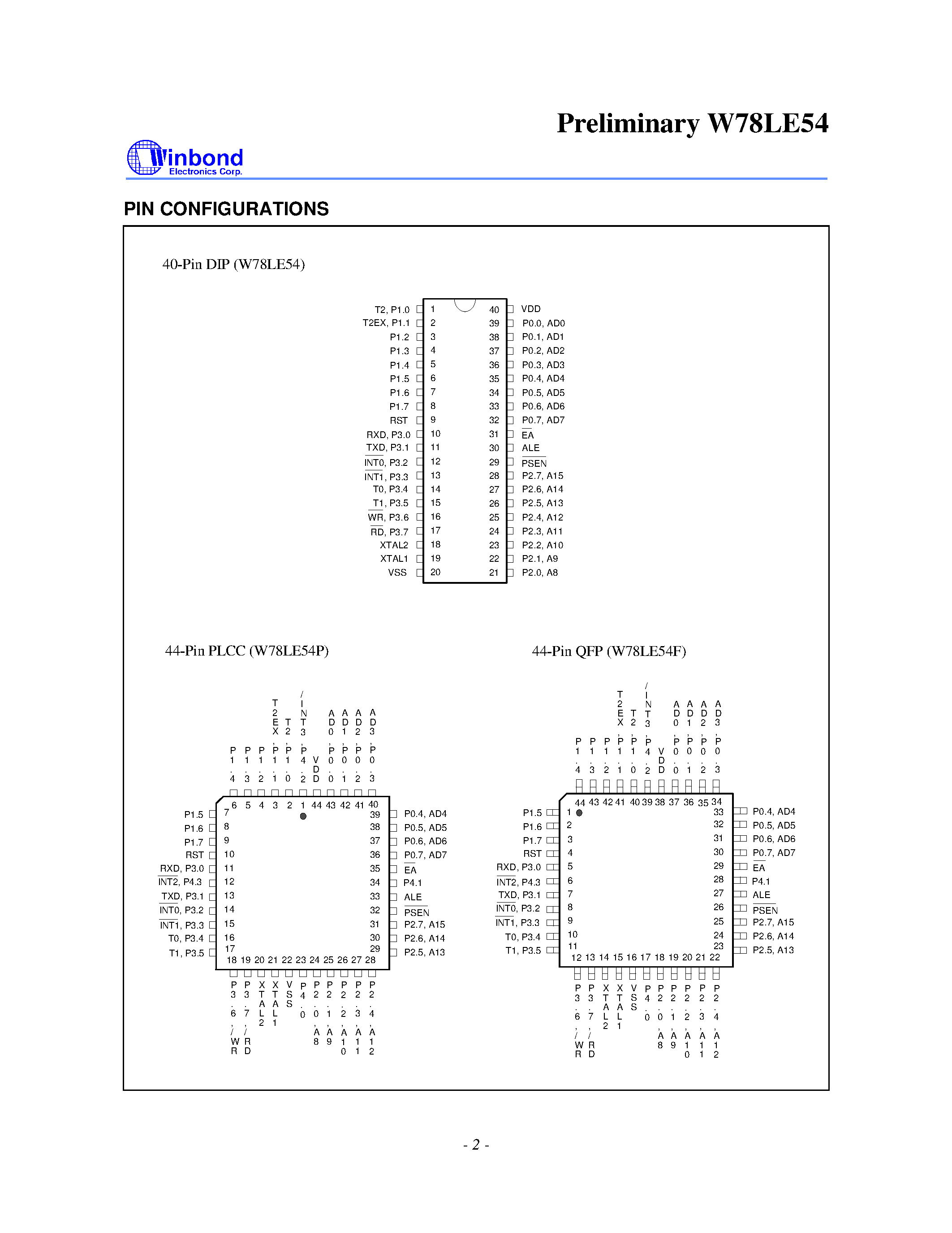 Даташит на микросхему W78LE54P-24 страница 2 Даташит W78LE54P-24 - 8-BIT MTP MICROCONTROLLER страница 2