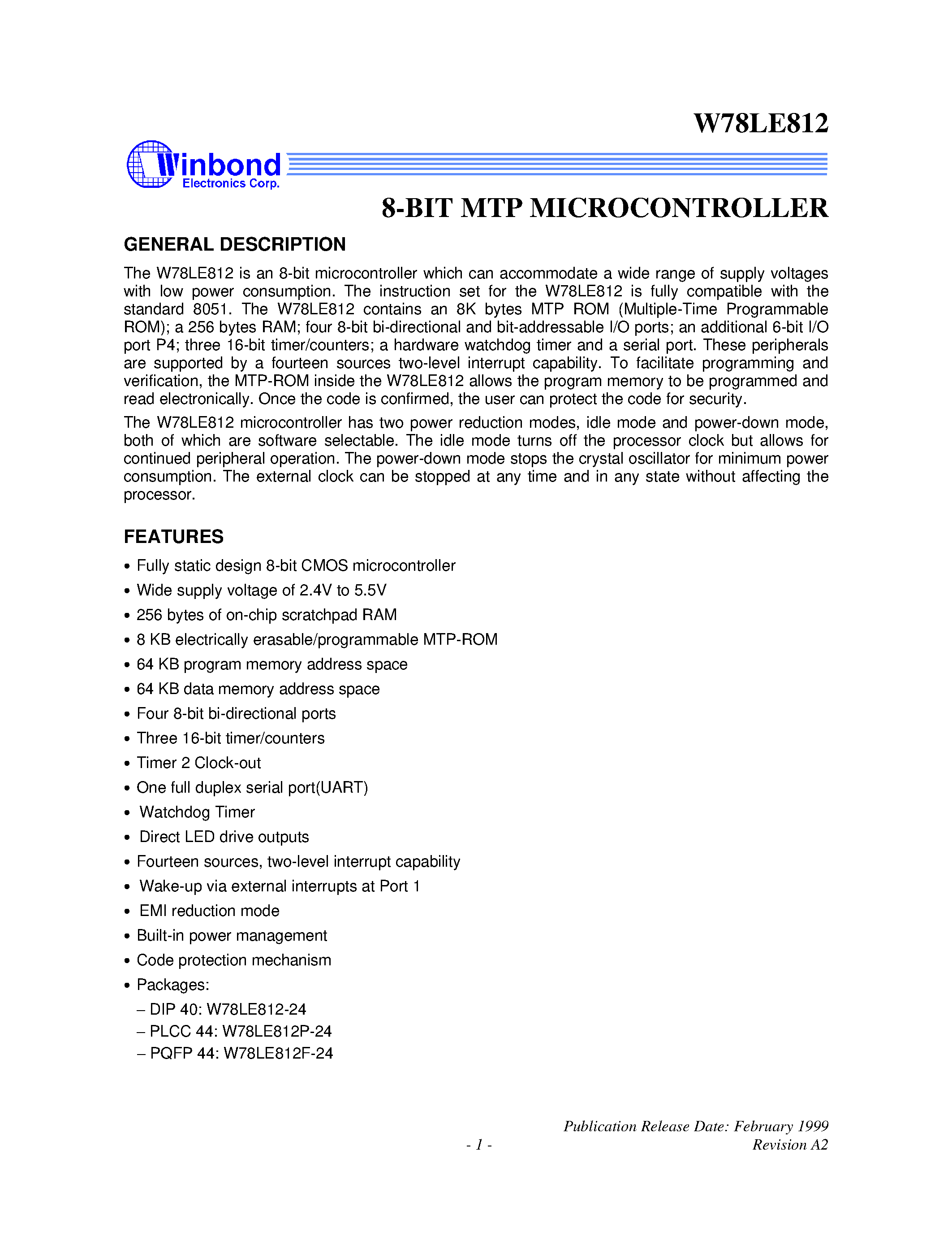 Даташит на микросхему W78LE812-24 страница 1 Даташит W78LE812-24 - 8-BIT MTP MICROCONTROLLER страница 1