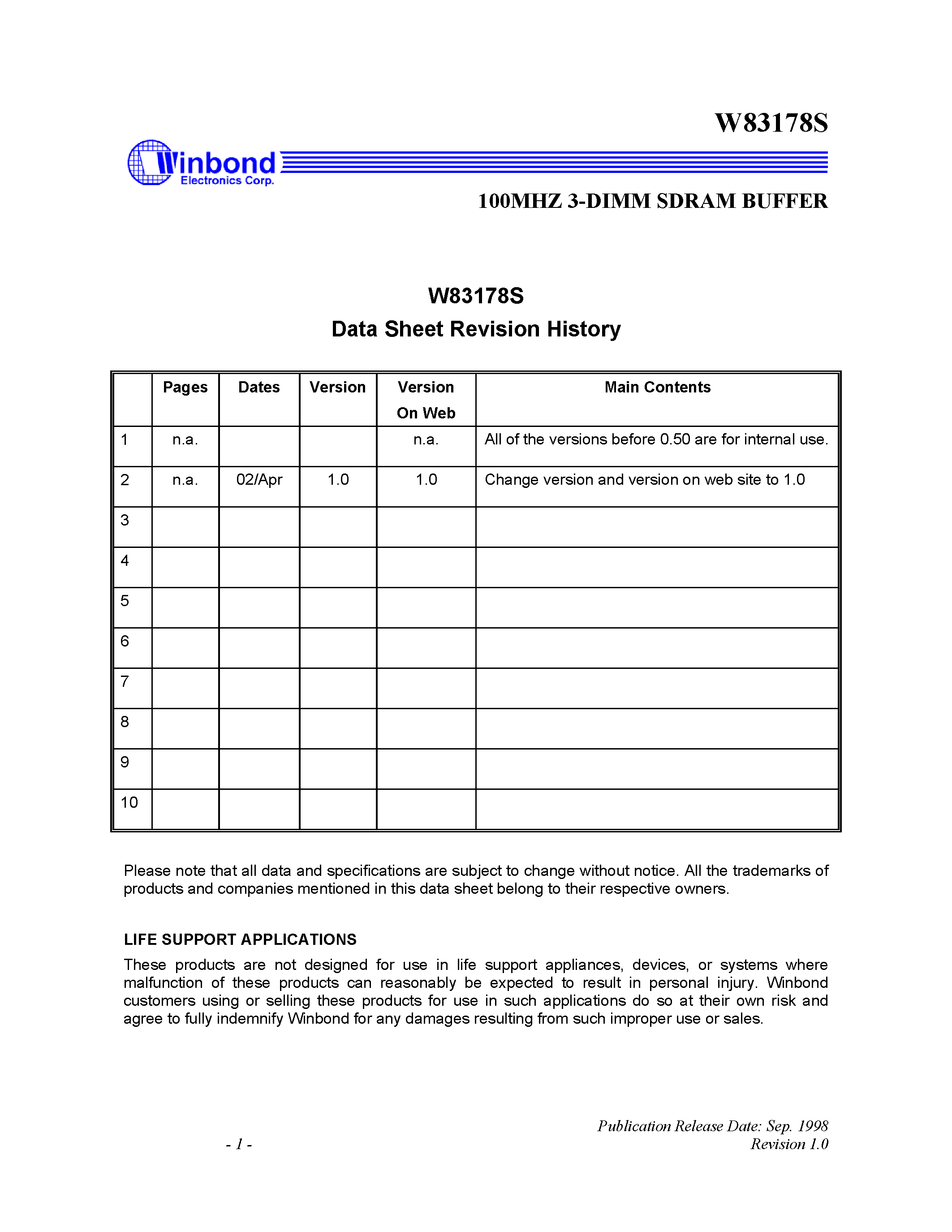 Datasheet W83178S - 100 MHZ 3-DIMM SDRAM BUFFER page 1