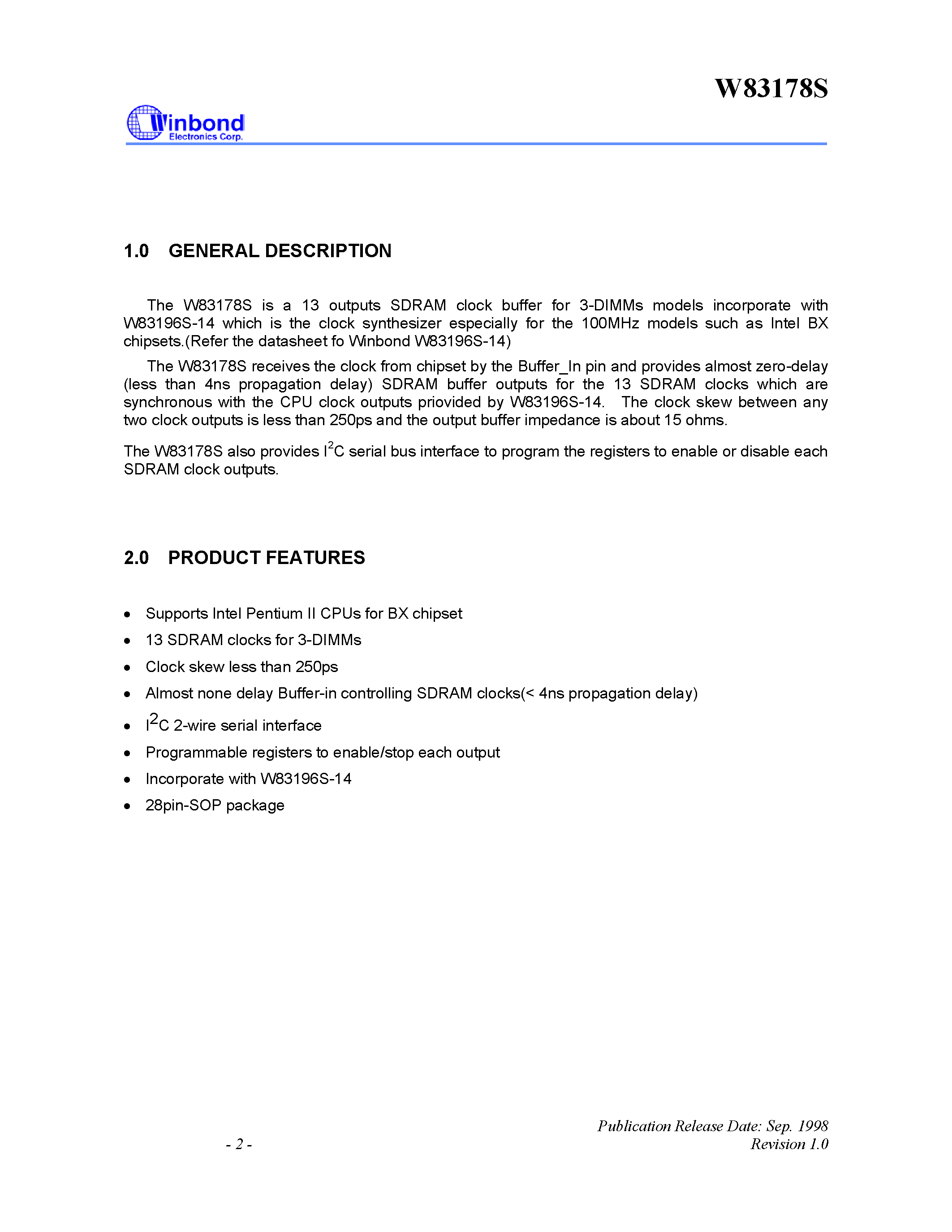 Datasheet W83178S - 100 MHZ 3-DIMM SDRAM BUFFER page 2