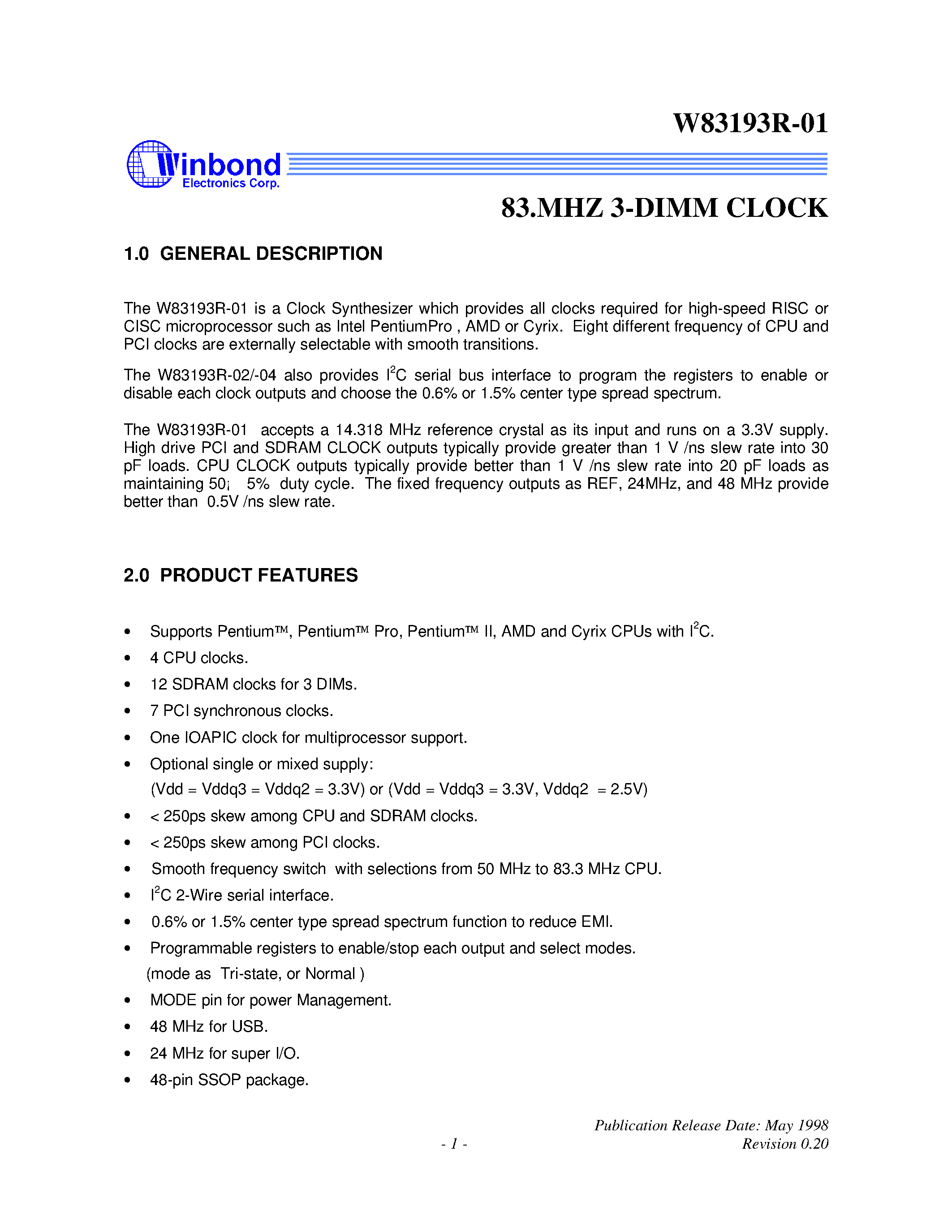 Datasheet W83193R-01 - 83.MHZ 3-DIMM CLOCK page 1