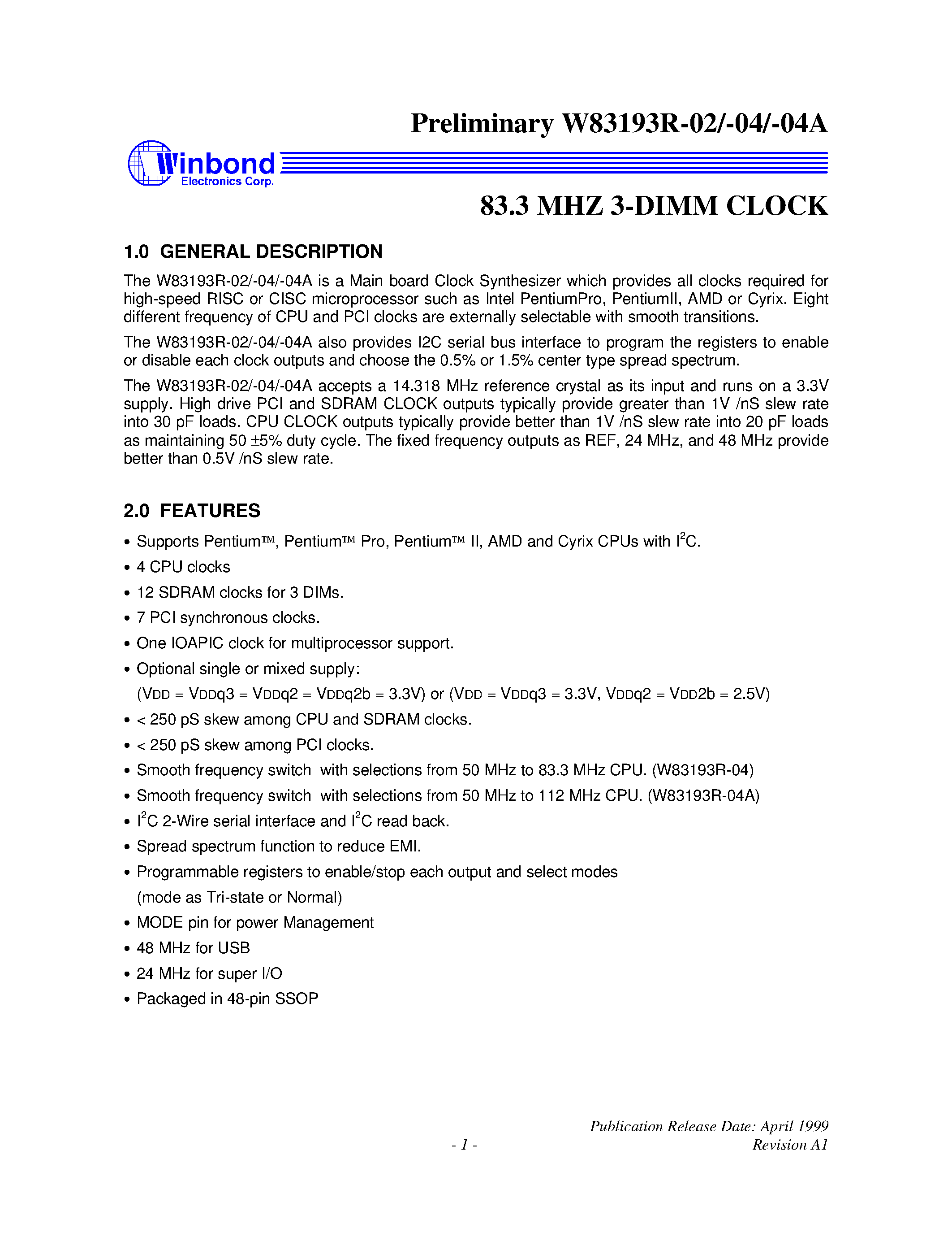 Datasheet W83193R-04 - 83.3 MHZ 3-DIMM CLOCK page 1
