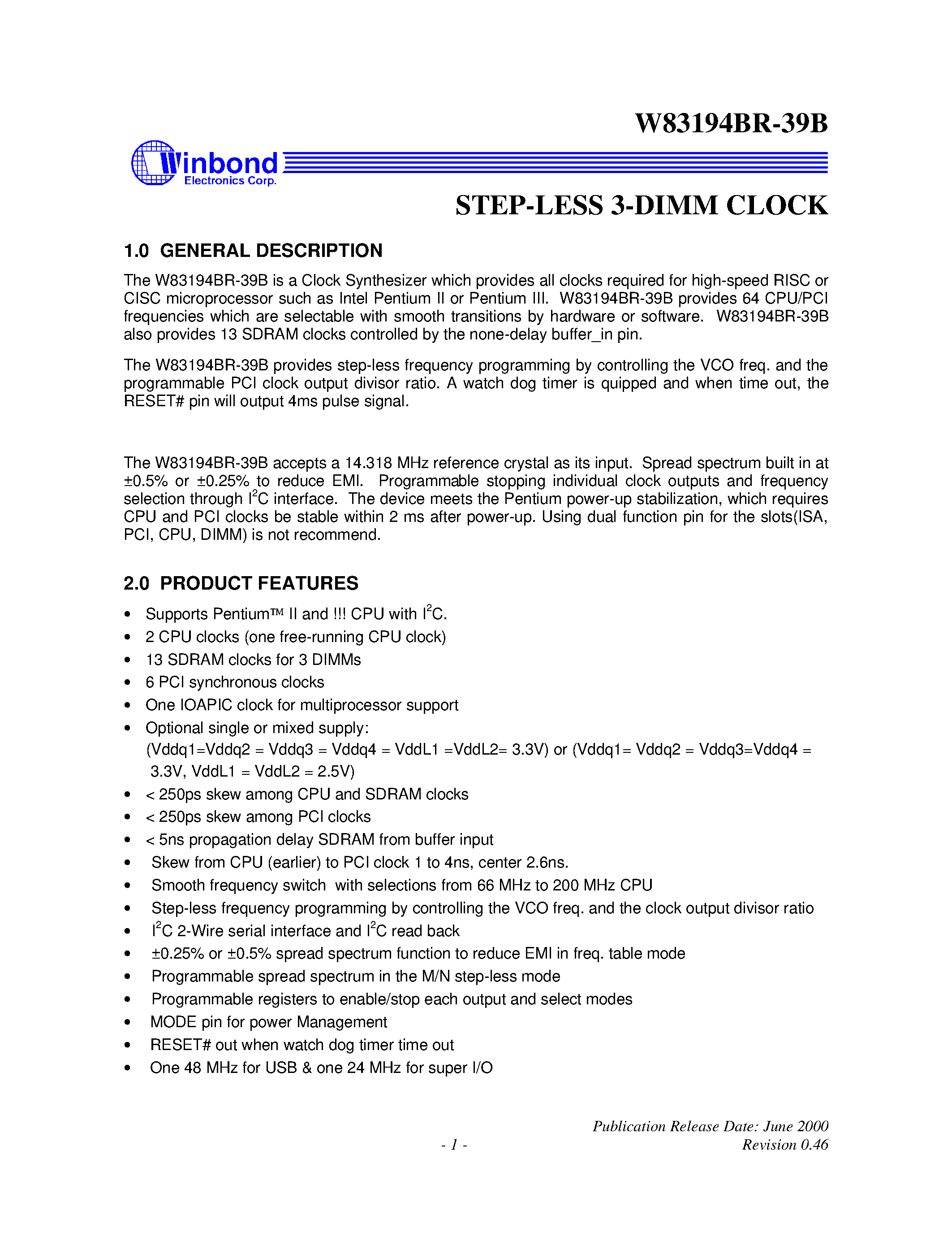 Datasheet W83194BR-39B - STEP-LESS 3-DIMM CLOCK page 1