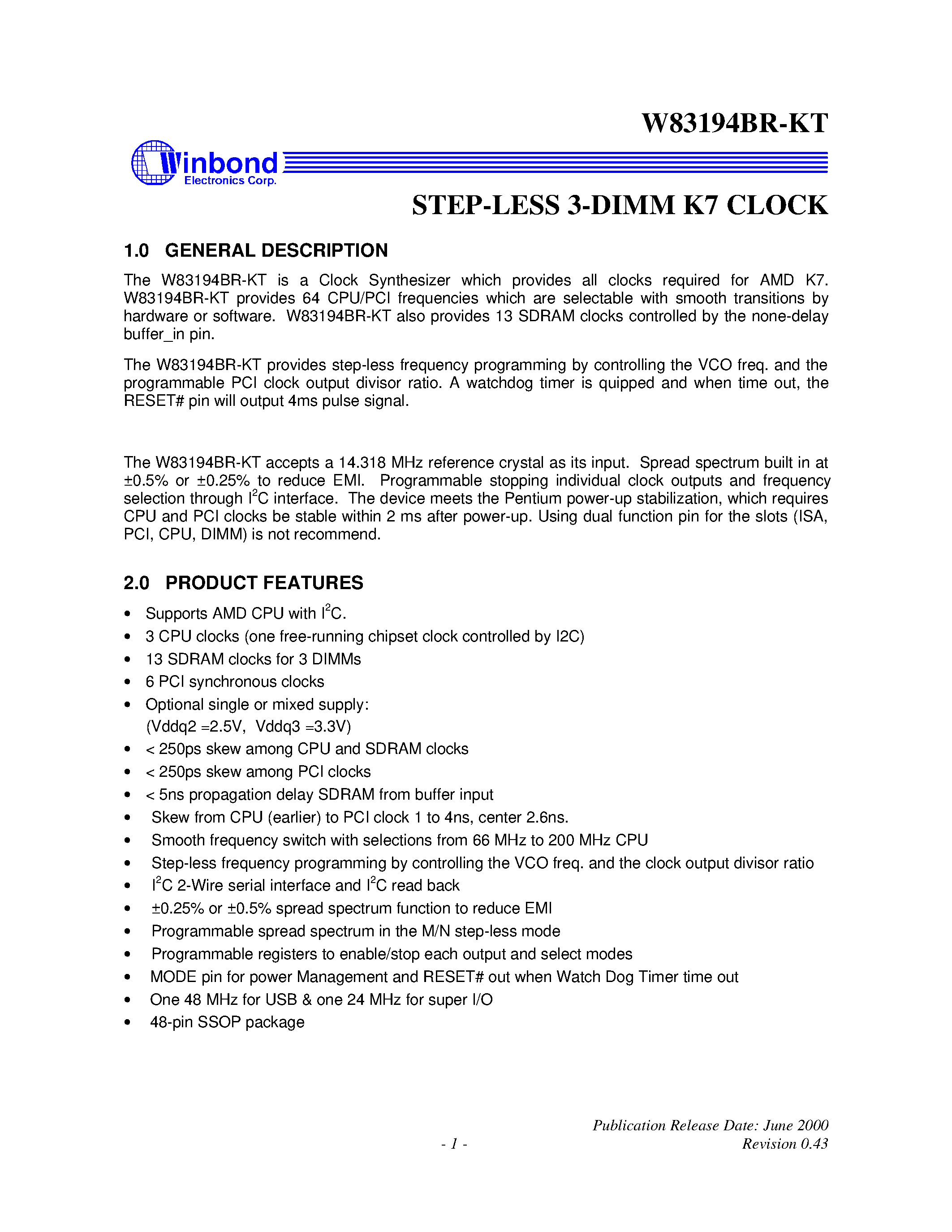 Datasheet W83194BR-KT - STEP-LESS 3-DIMM K7 CLOCK page 1