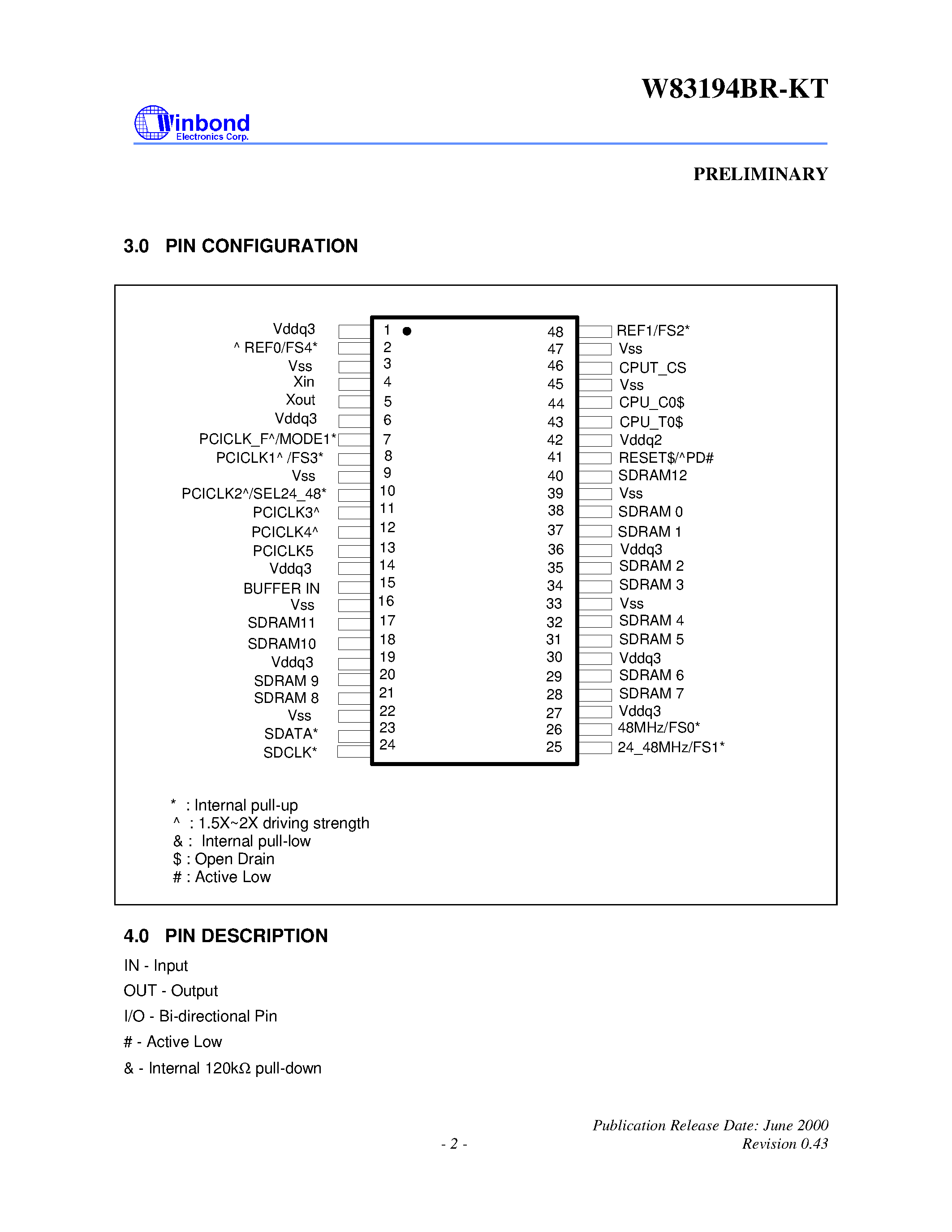 Datasheet W83194BR-KT - STEP-LESS 3-DIMM K7 CLOCK page 2
