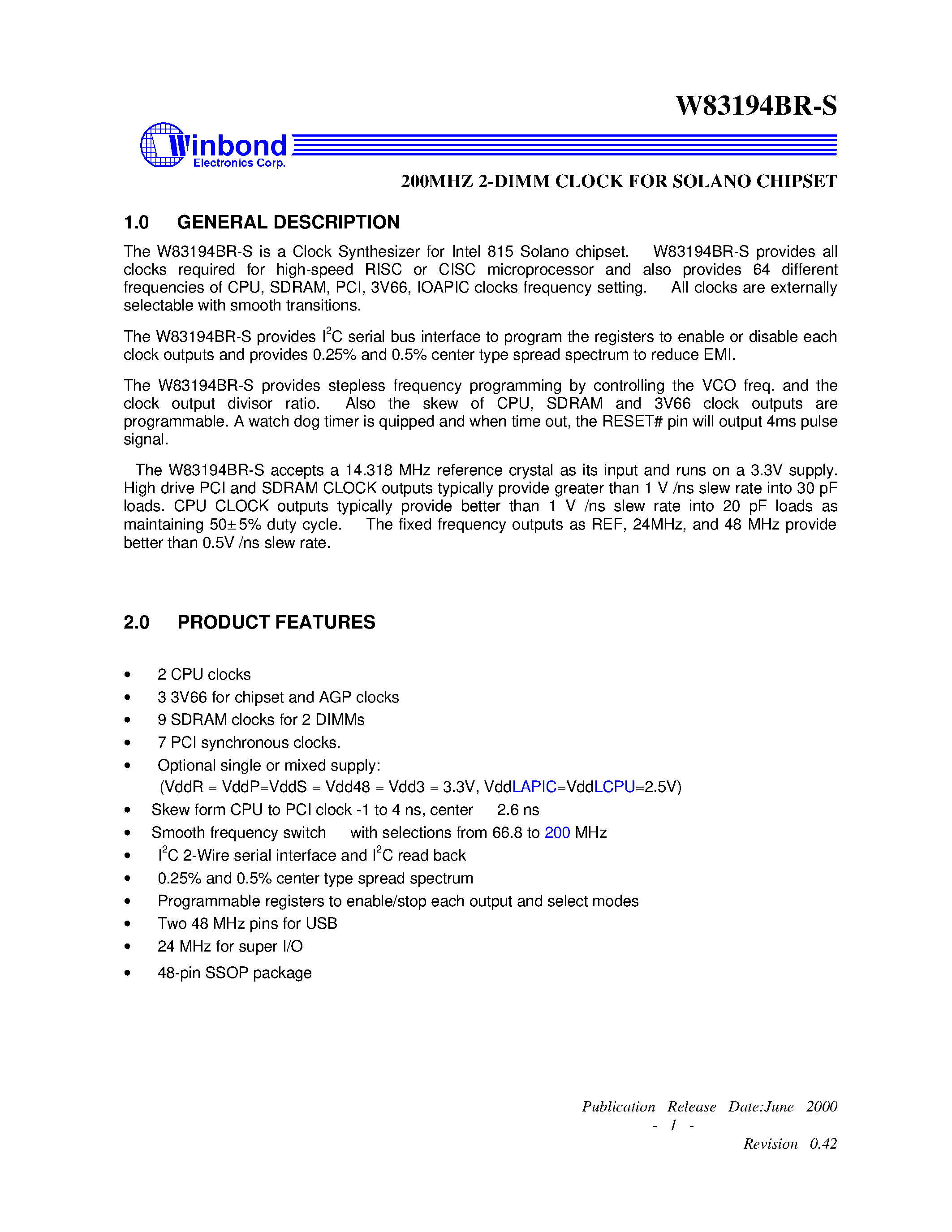 Datasheet W83194BR-S - 200MHZ 2-DIMM CLOCK FOR SOLANO CHIPSET page 1