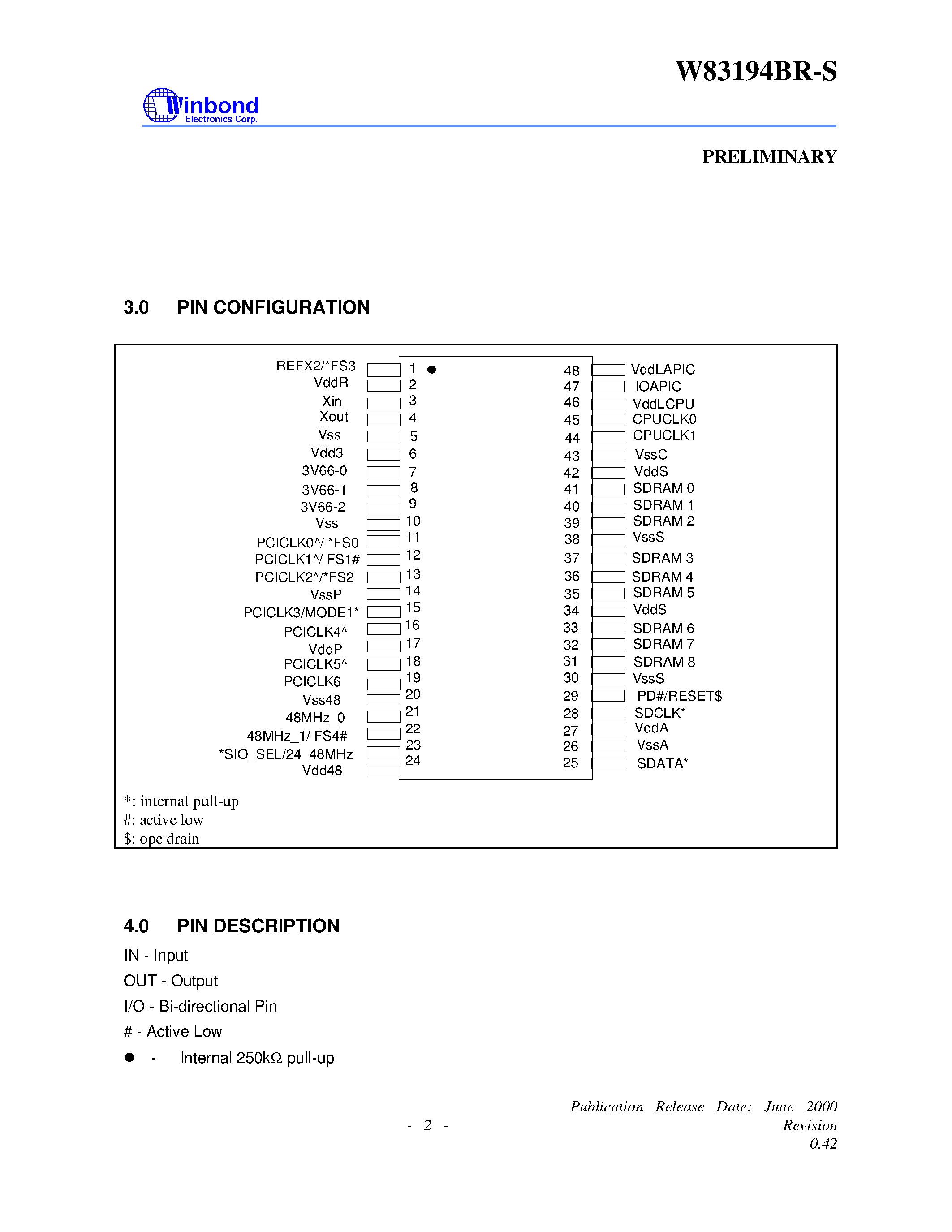 Datasheet W83194BR-S - 200MHZ 2-DIMM CLOCK FOR SOLANO CHIPSET page 2