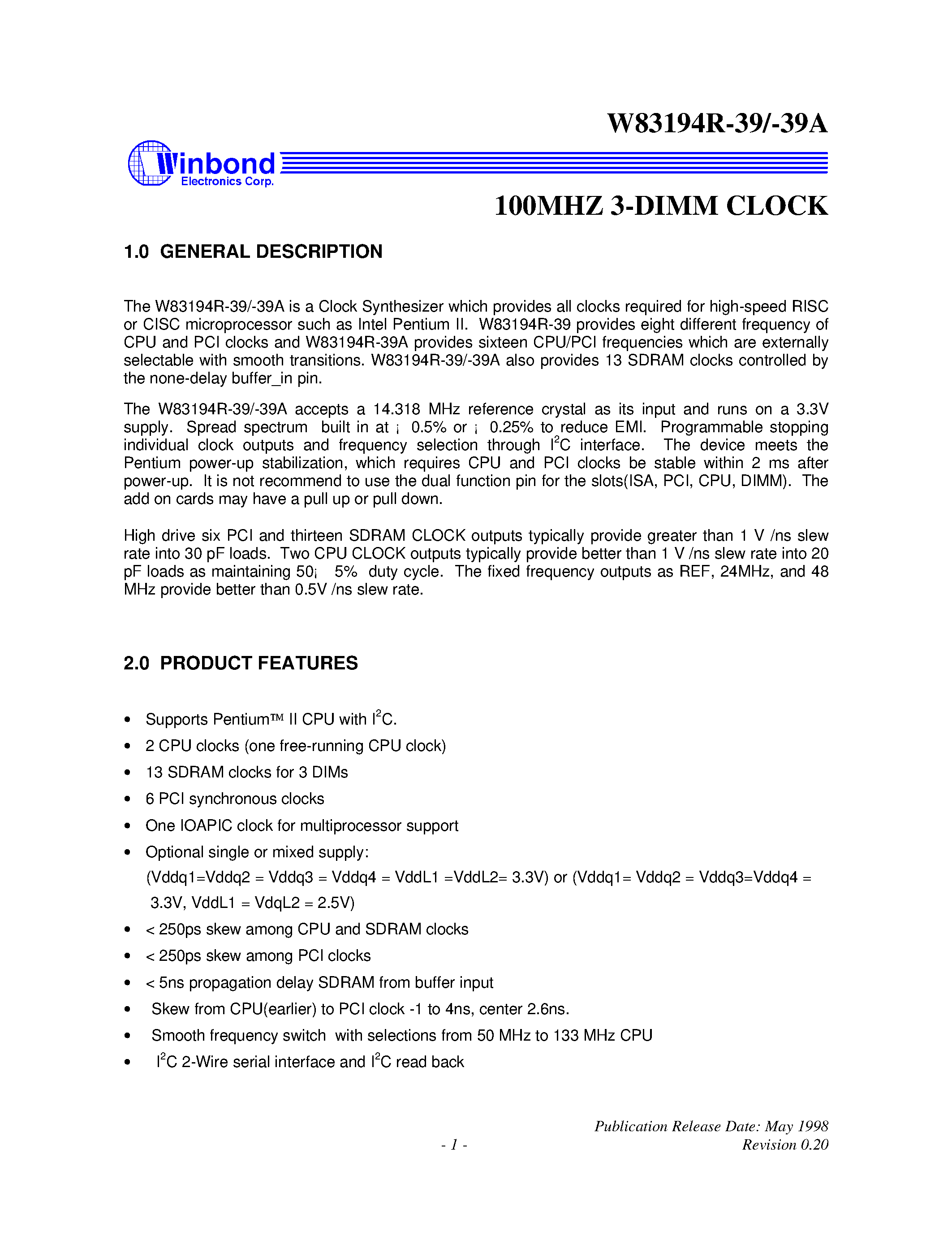 Datasheet W83194R-39A - 100MHZ 3-DIMM CLOCK page 1