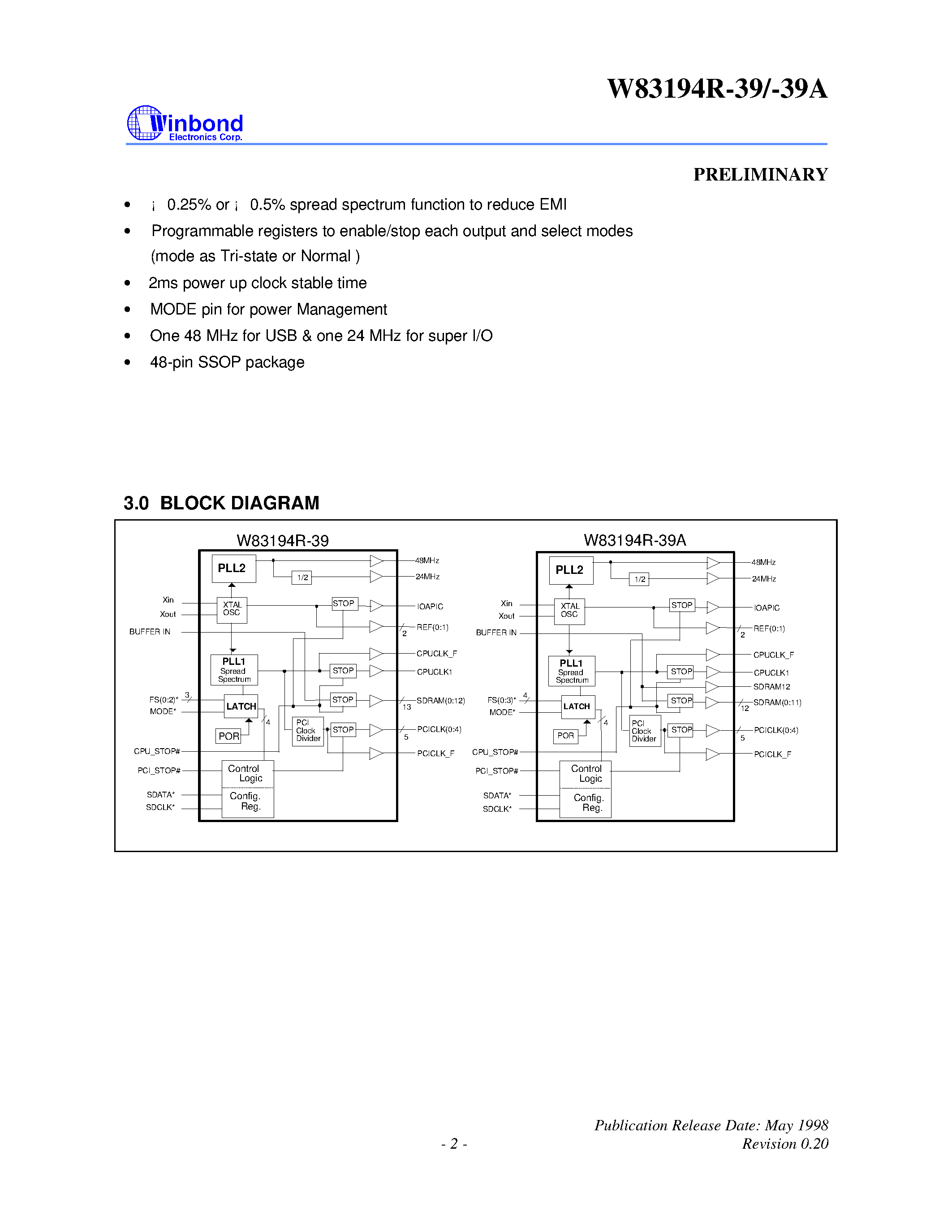 Datasheet W83194R-39A - 100MHZ 3-DIMM CLOCK page 2