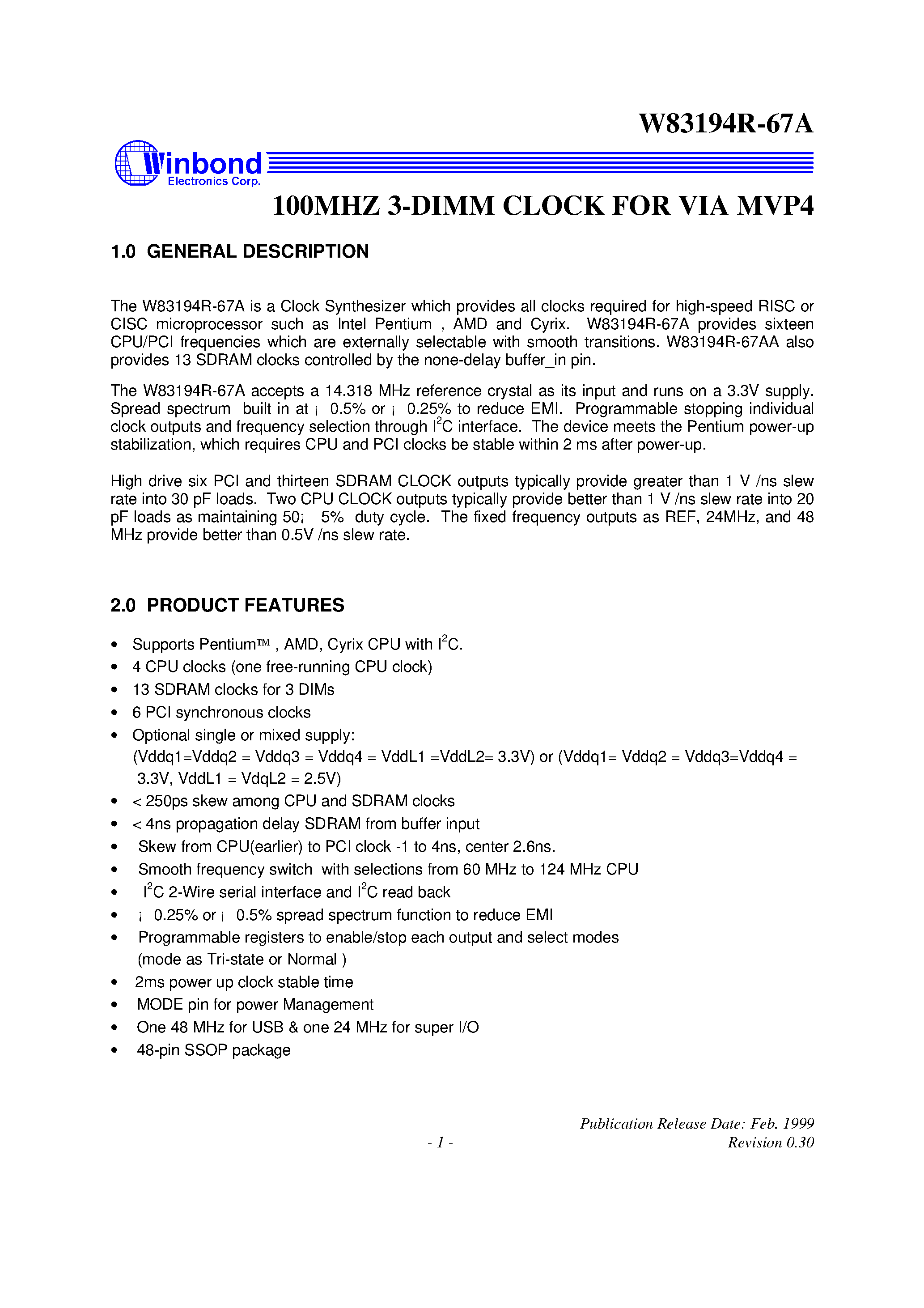Datasheet W83194R-67A - 100MHZ 3-DIMM CLOCK FOR VIA MVP4 page 1