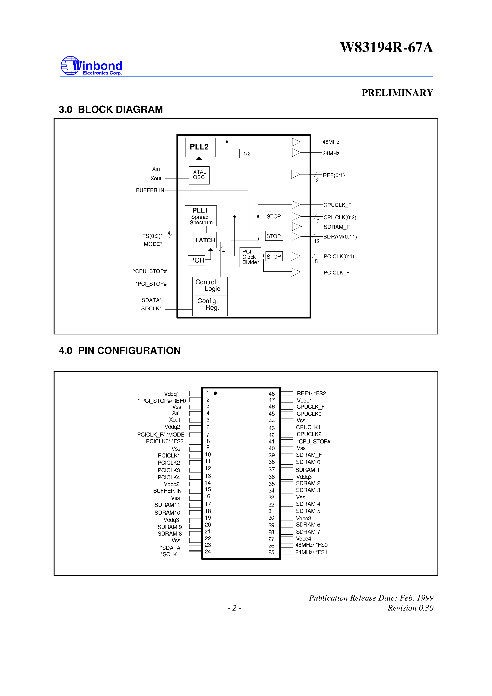 Datasheet W83194R-67A - 100MHZ 3-DIMM CLOCK FOR VIA MVP4 page 2