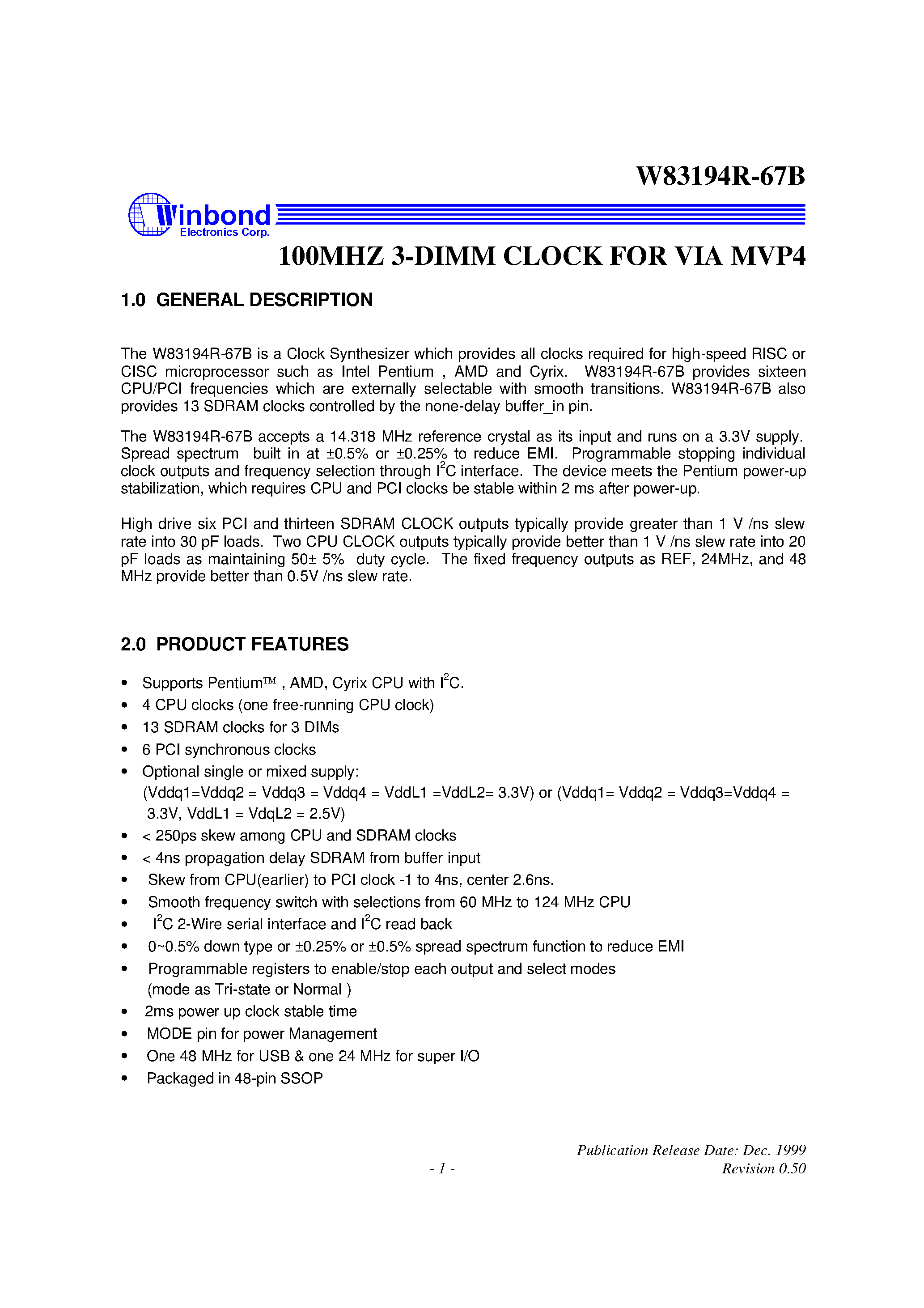 Datasheet W83194R-67B - 100MHZ 3-DIMM CLOCK FOR VIA MVP4 page 1