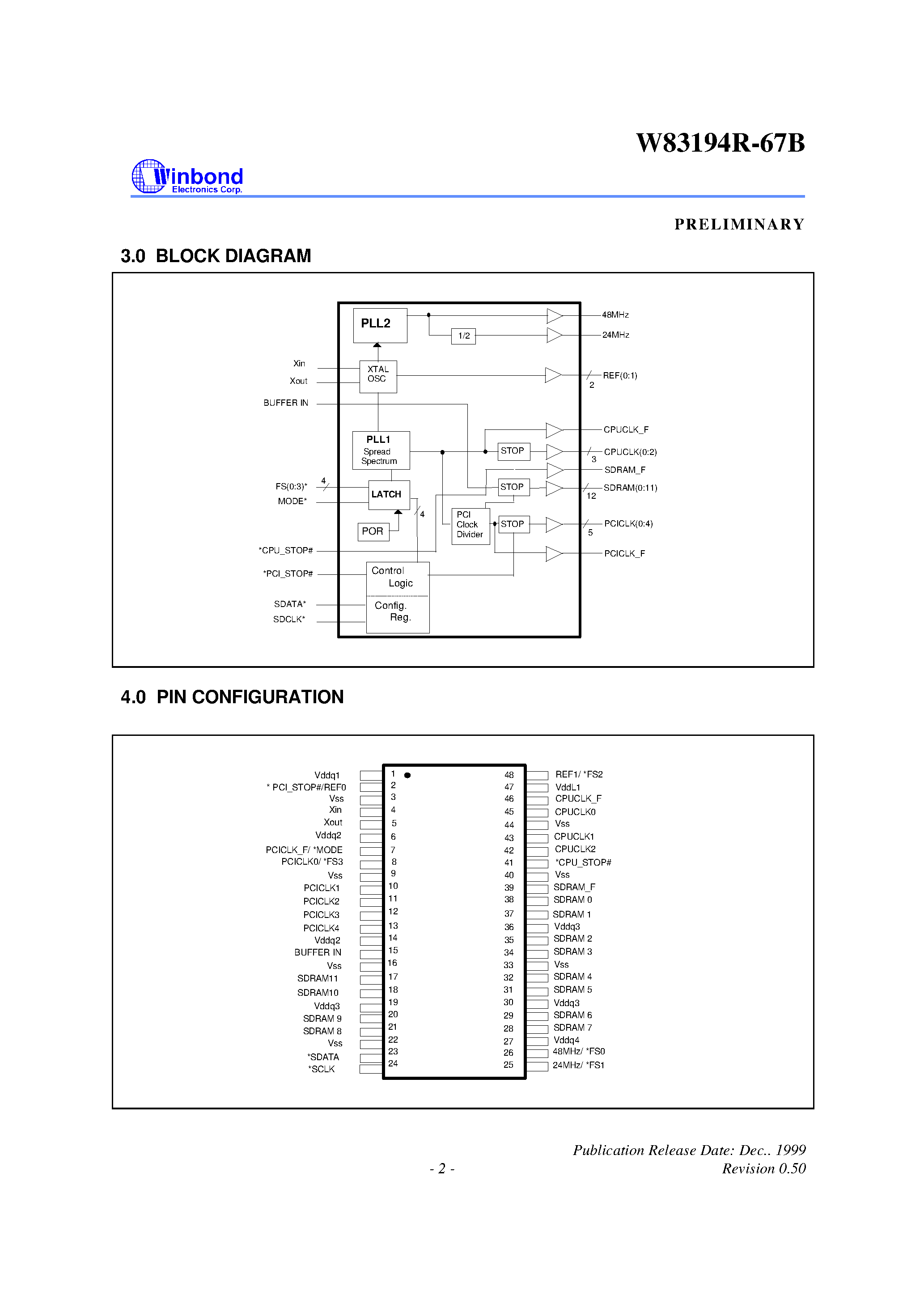 Datasheet W83194R-67B - 100MHZ 3-DIMM CLOCK FOR VIA MVP4 page 2