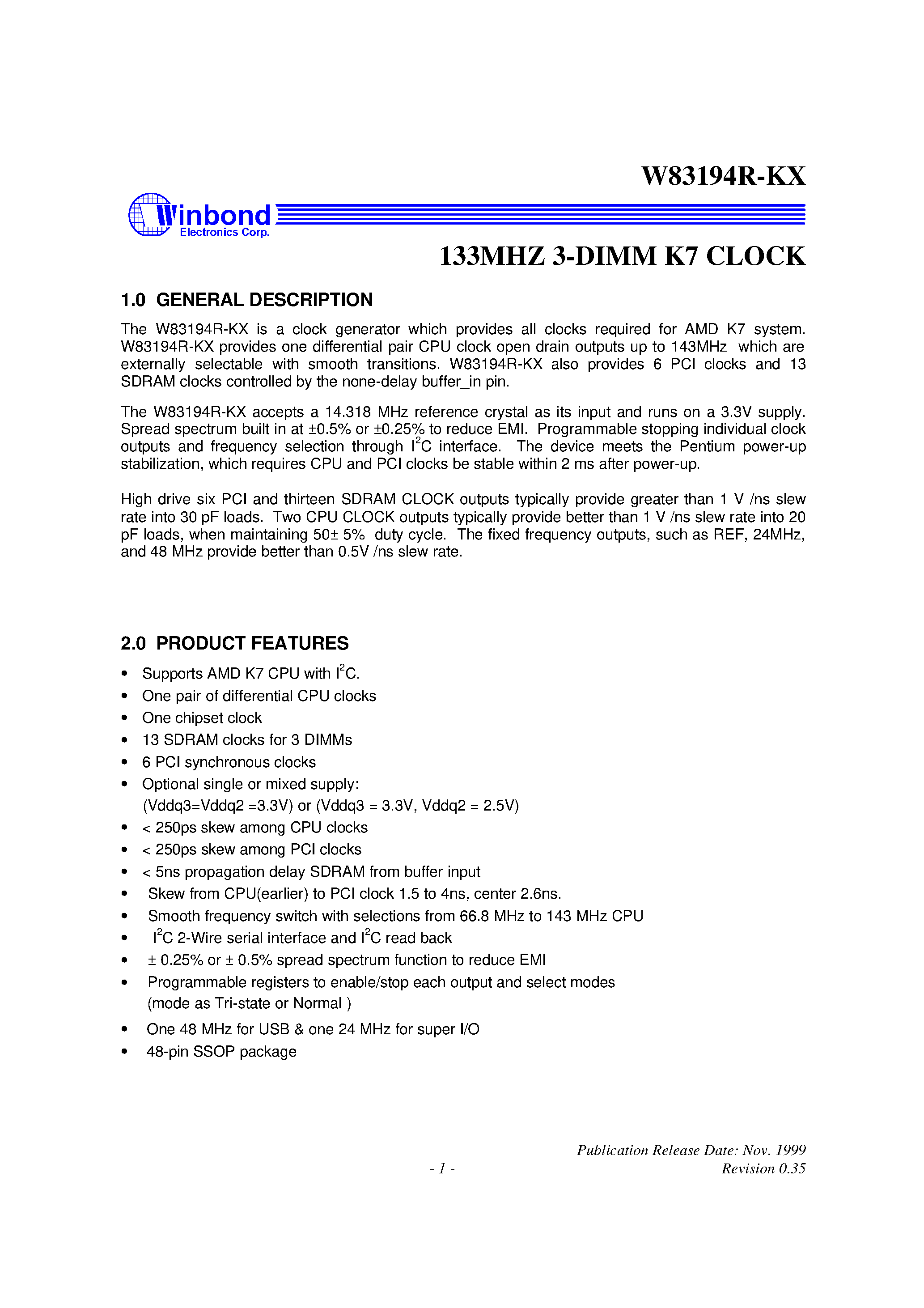 Datasheet W83194R-KX - 133MHZ 3-DIMM K7 CLOCK page 1