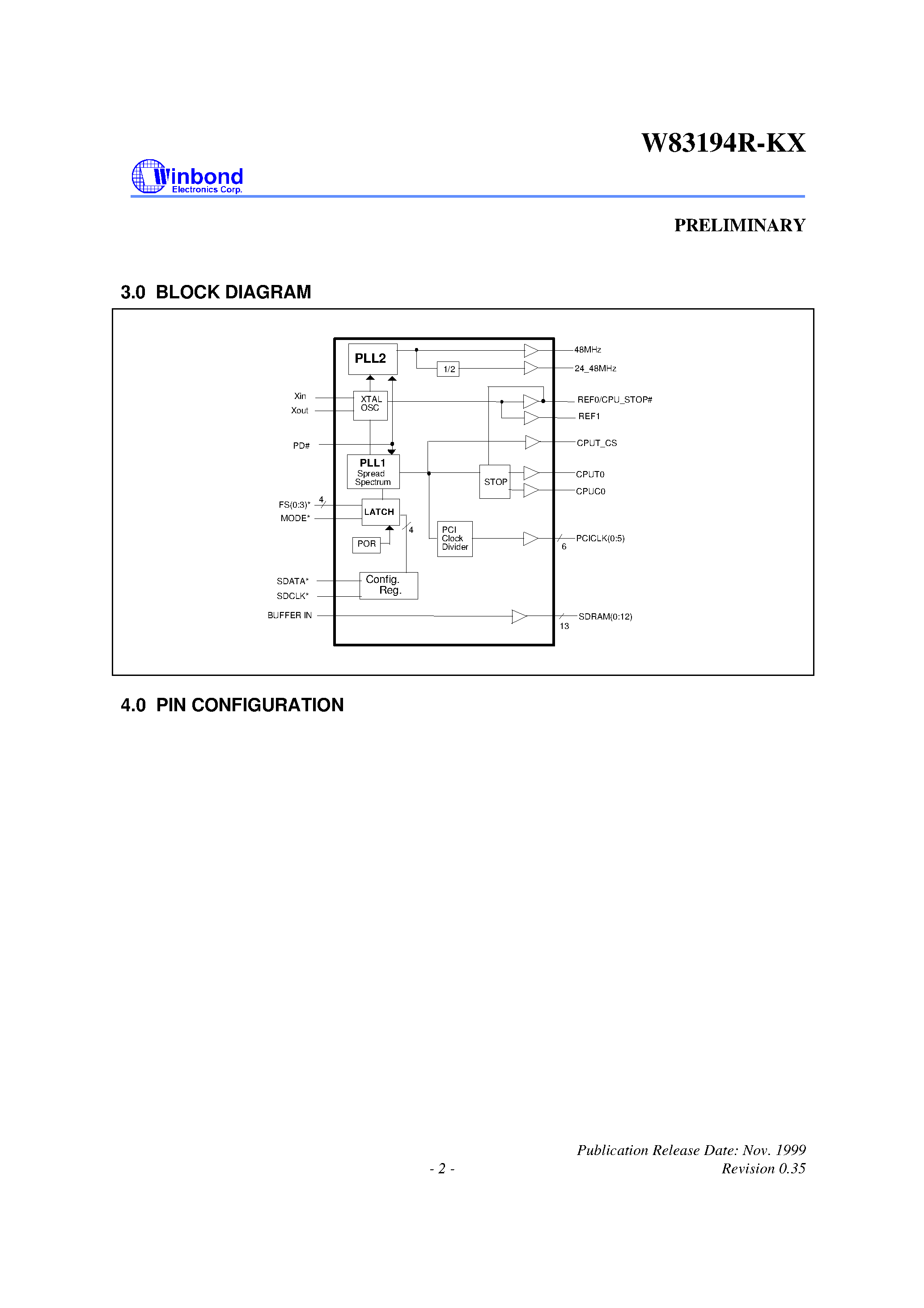 Datasheet W83194R-KX - 133MHZ 3-DIMM K7 CLOCK page 2