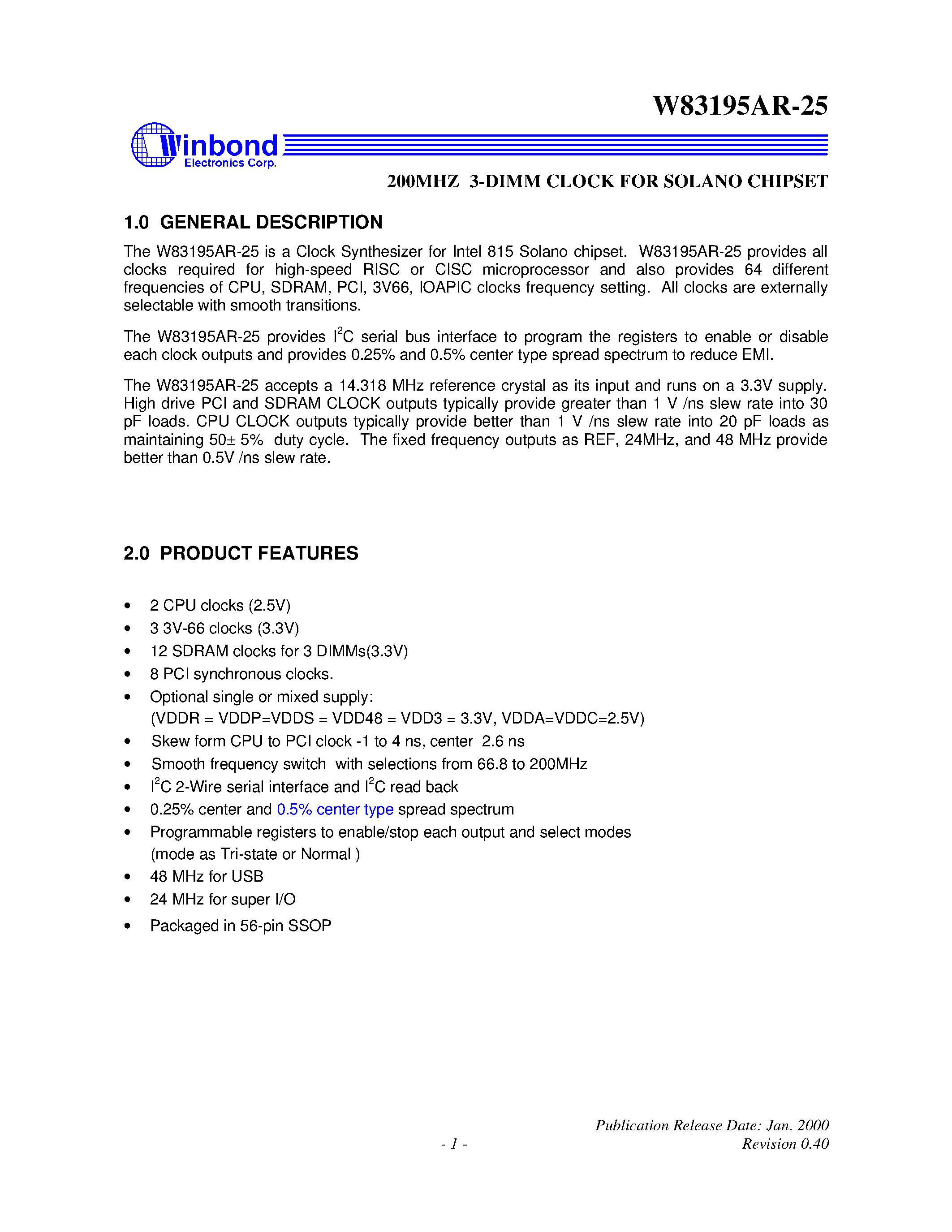 Datasheet W83195AR-25 - 200MHZ 3-DIMM CLOCK FOR SOLANO CHIPSET page 1